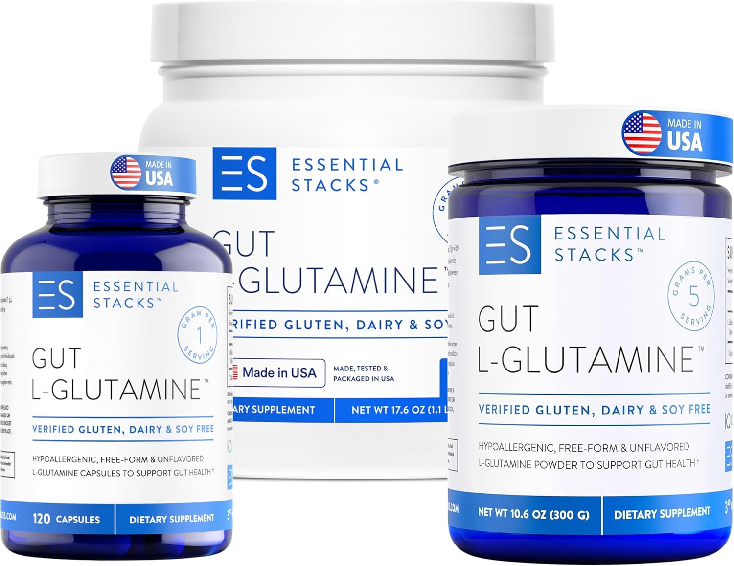 3-in-1 Gut L-Glutamine Bundle: Essential Stacks Powder & Capsules for Gut Health