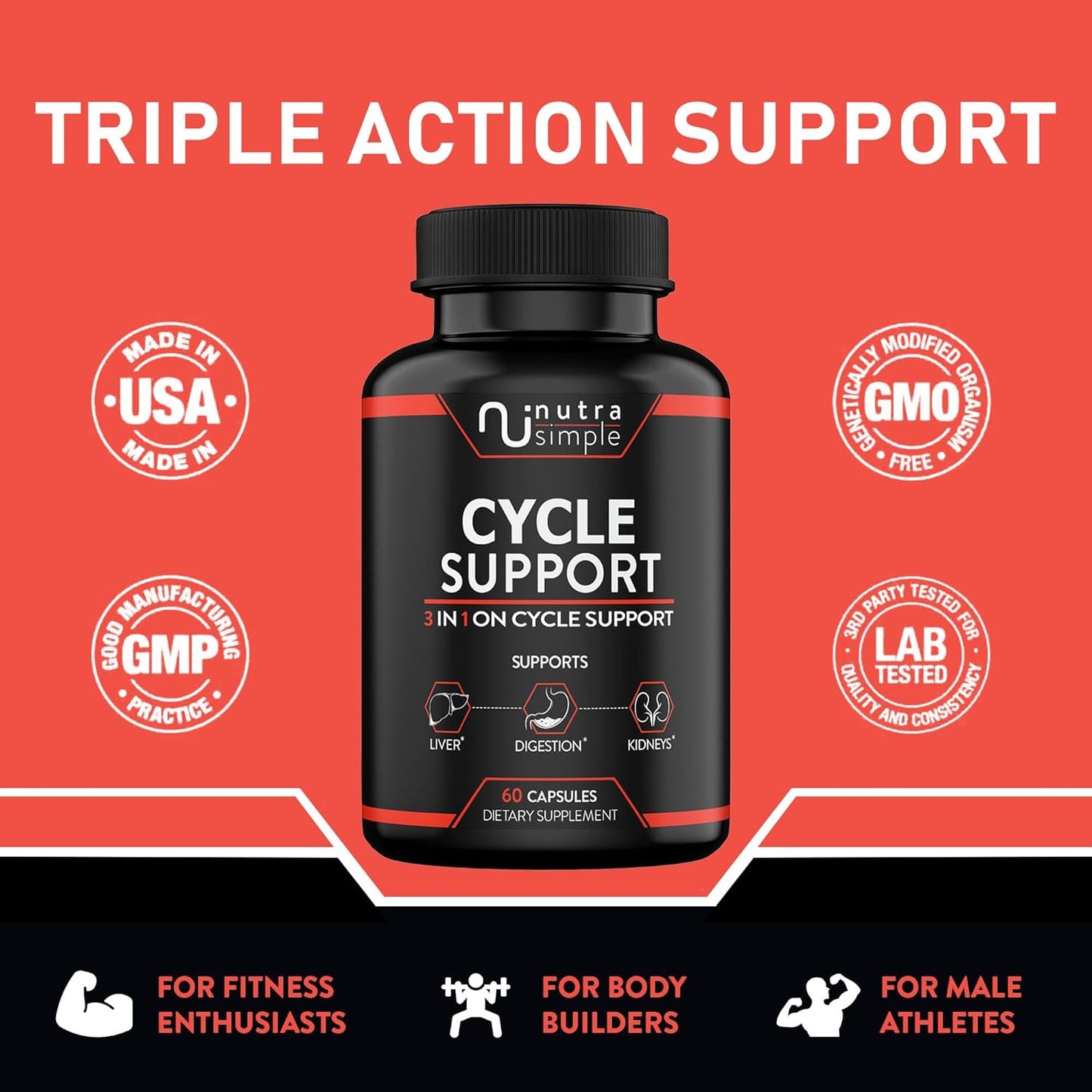 3-in-1 On Cycle Support Supplement for Men with Liver Support and Natural Ingredients - 60 Capsules