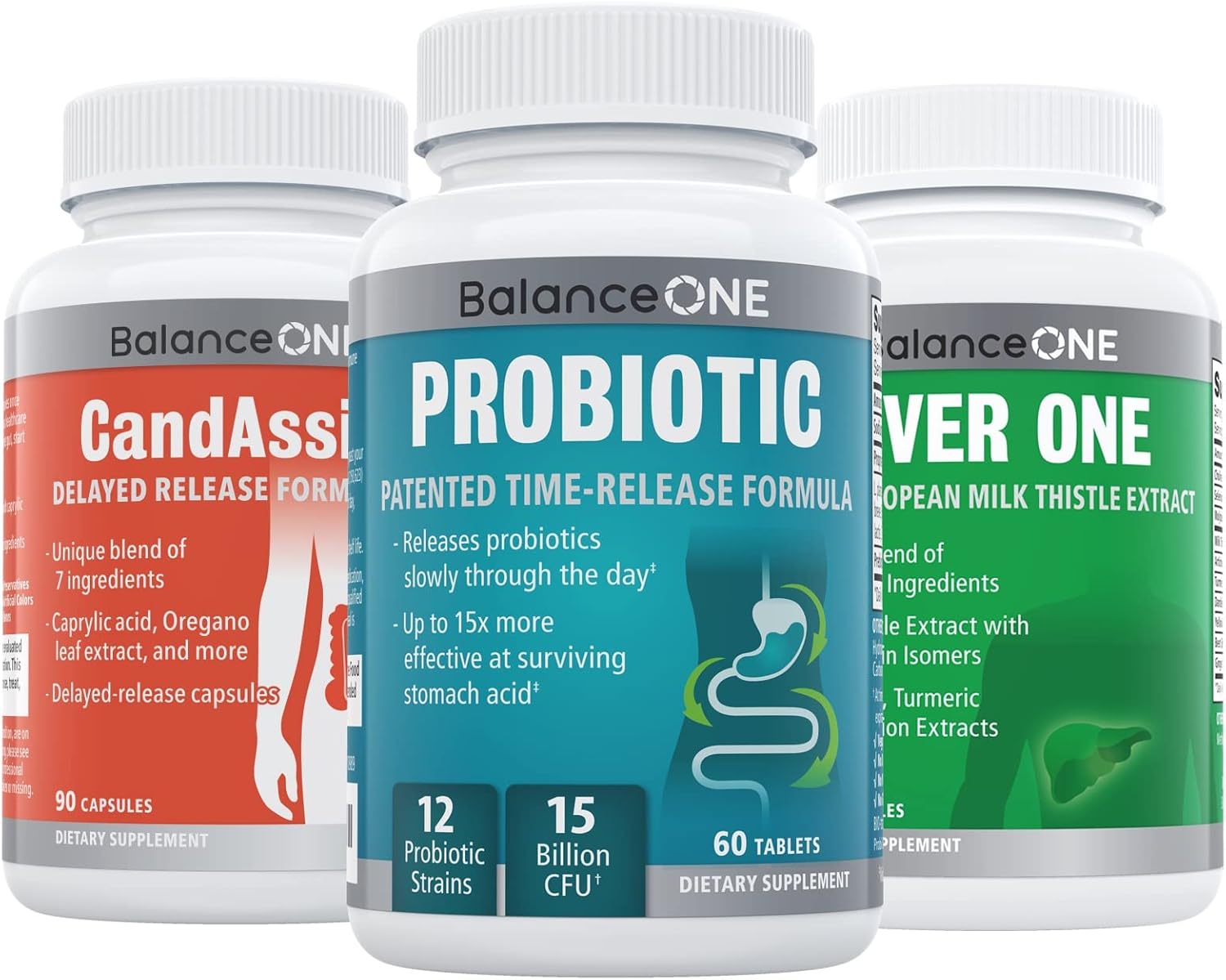 3-in-1 Probiotic Bundle: Balance ONE Probiotic, CandAssist, Liver Support | 15 Billion CFU | Natural Cleanse & Liver Aid