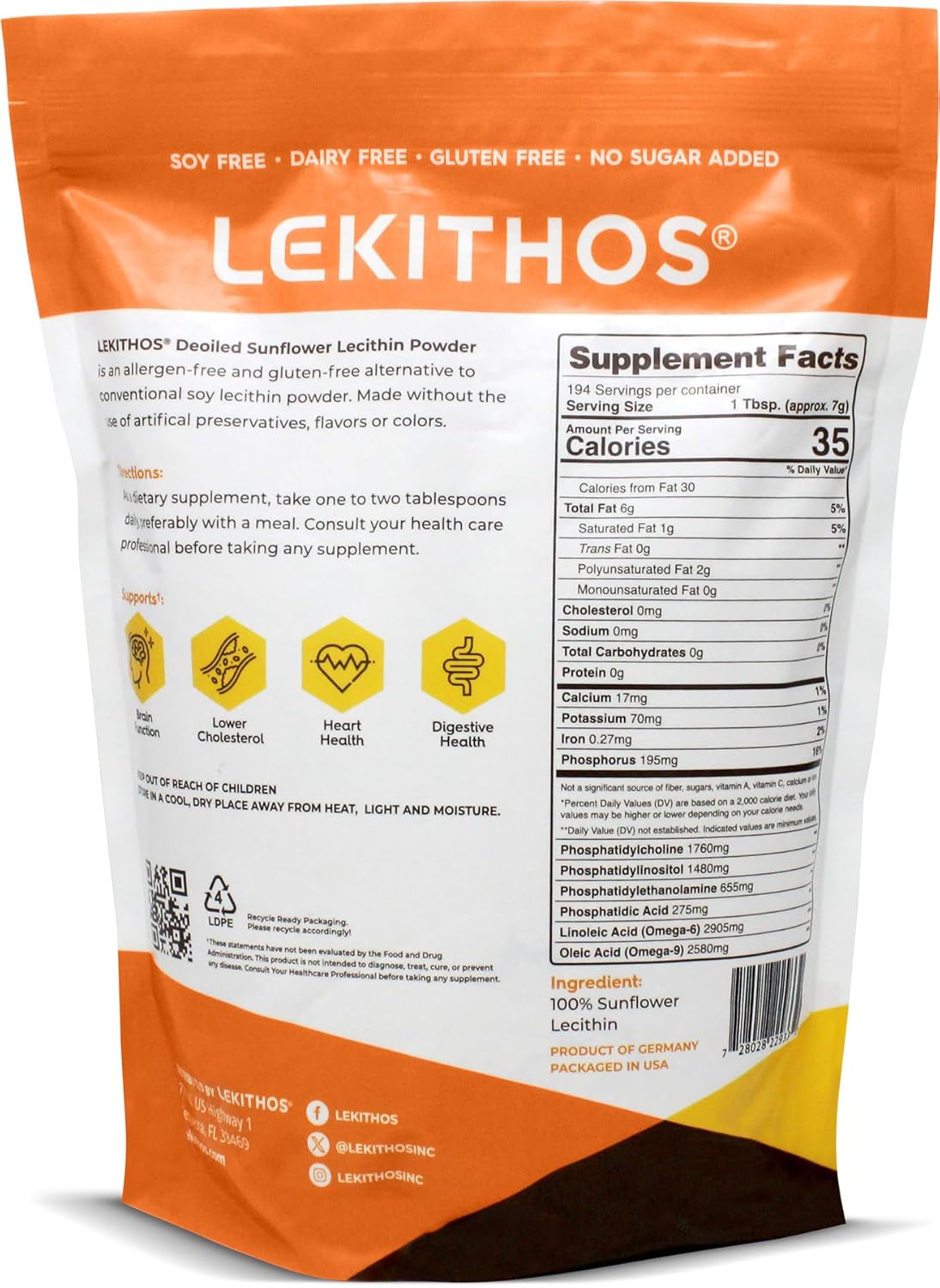 3 lb Lekithos De-Oiled Sunflower Lecithin Powder - High in Phosphatidyl Choline - Non-GMO & Soy Free