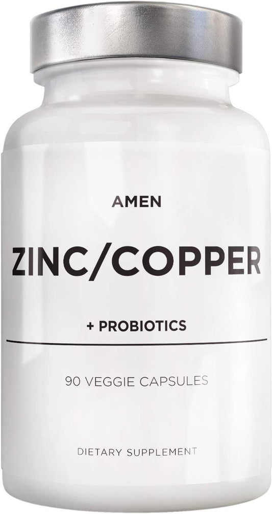 3-Month Supply Amen Zinc & Copper Supplement with Probiotics - 50mg Zinc Picolinate Vitamin Pills - Essential Minerals & 2 Billion CFUs - Vegan & Non-GMO - 90 Capsules