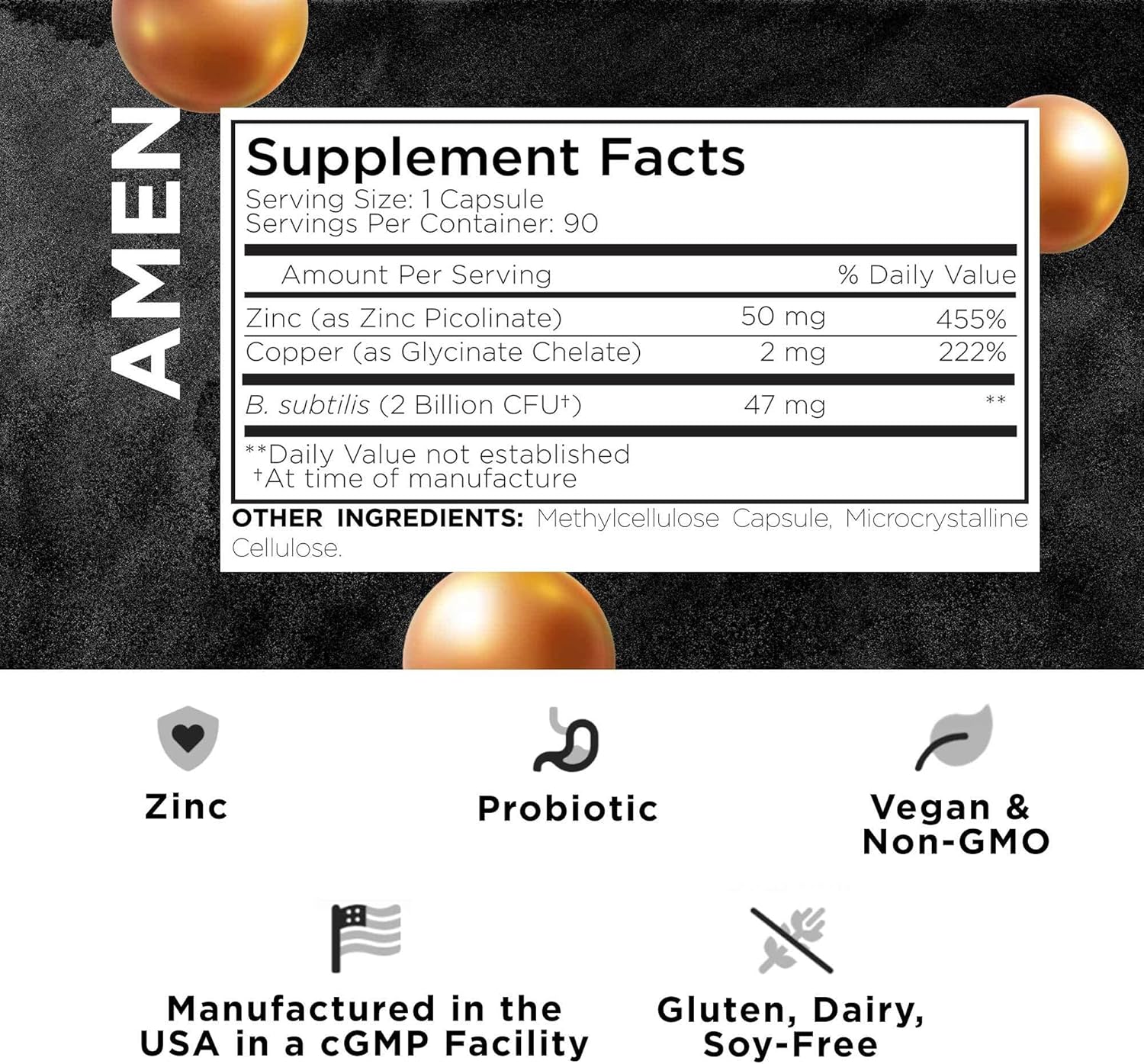 3-Month Supply Amen Zinc & Copper Supplement with Probiotics - 50mg Zinc Picolinate Vitamin Pills - Essential Minerals & 2 Billion CFUs - Vegan & Non-GMO - 90 Capsules