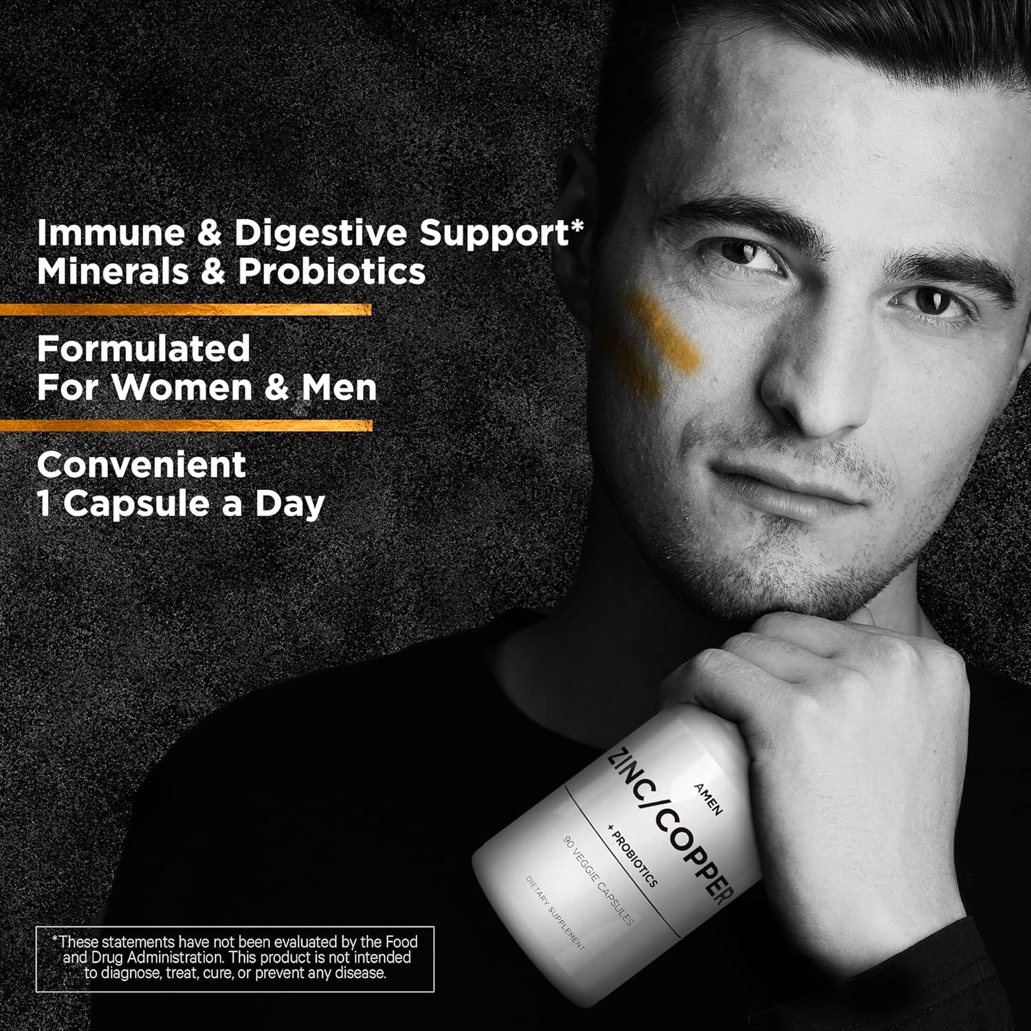 3-Month Supply Amen Zinc & Copper Supplement with Probiotics - 50mg Zinc Picolinate Vitamin Pills - Essential Minerals & 2 Billion CFUs - Vegan & Non-GMO - 90 Capsules