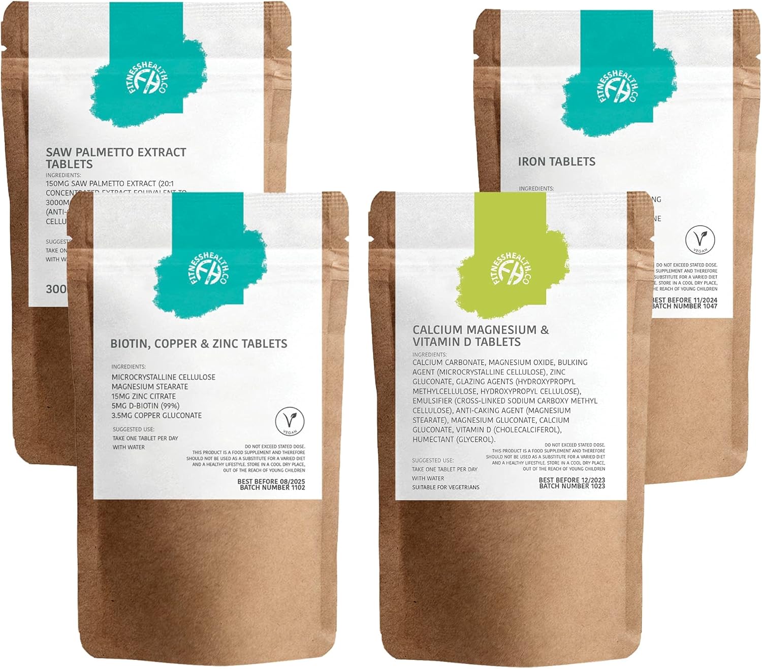 3-Month Supply Fitness Health Pack for Healthy Hair Growth: Biotin, Copper, Zinc, Saw Palmetto Extract, Iron, Calcium, Magnesium, Vitamin D - 4 Pack