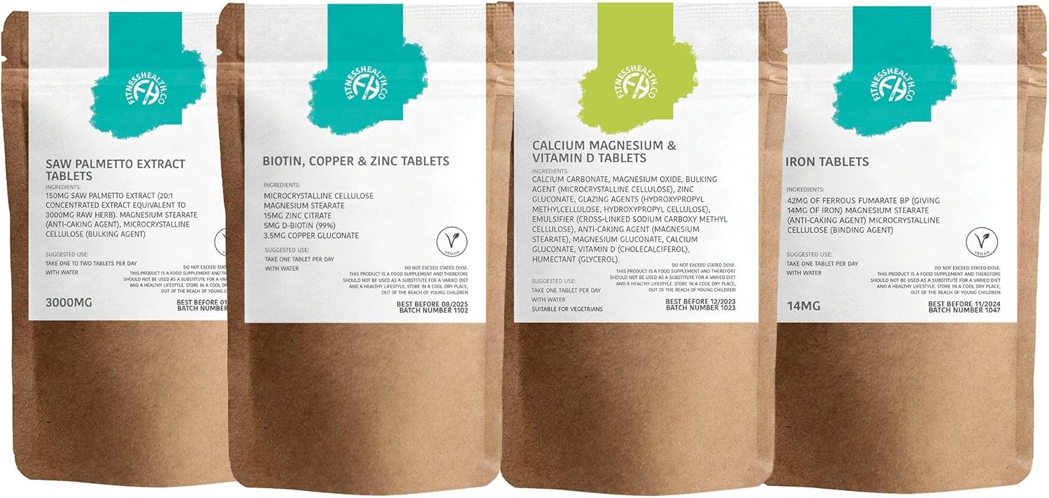 3-Month Supply Fitness Health Pack for Healthy Hair Growth: Biotin, Copper, Zinc, Saw Palmetto Extract, Iron, Calcium, Magnesium, Vitamin D - 4 Pack