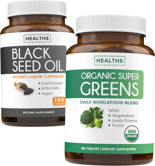 3-Month Supply of Healths Harmony Black Seed Oil & Organic Super Greens Bundle - 180 Capsules & Tablets