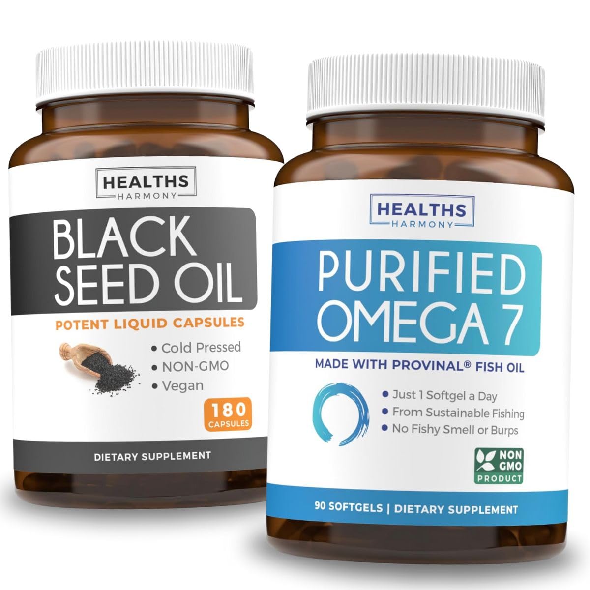 3-Month Supply Omega Glow Bundle: Purified Omega-7 Softgels & Black Seed Oil - Cold-Pressed Oil (90 Softgels + 180 Capsules)