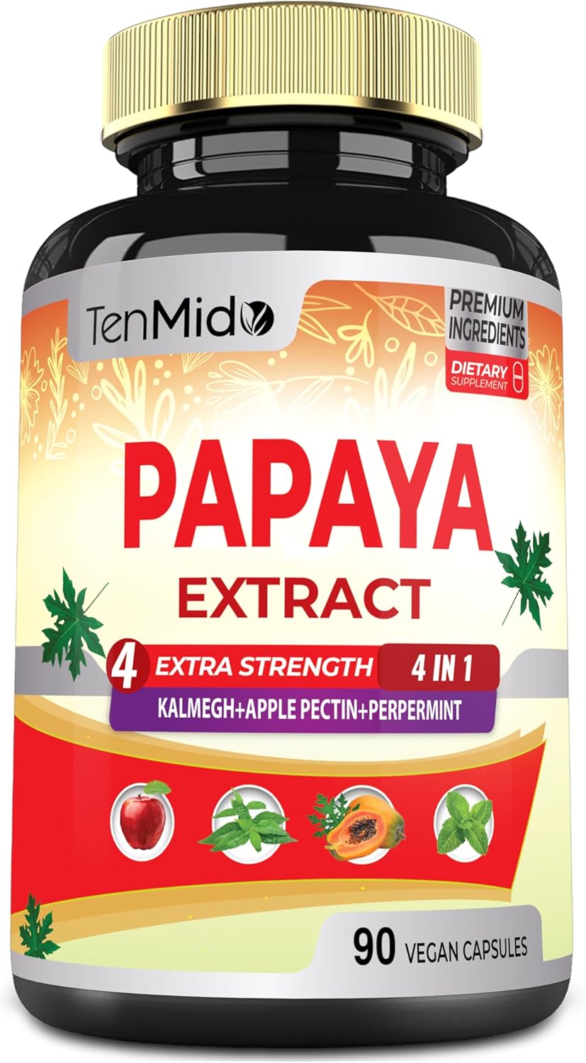 3 Month Supply Papaya Leaf Extract Capsules with Kalmegh, Apple Pectin, Peppermint - Enhanced Digestion - 90 Vegan Capsules