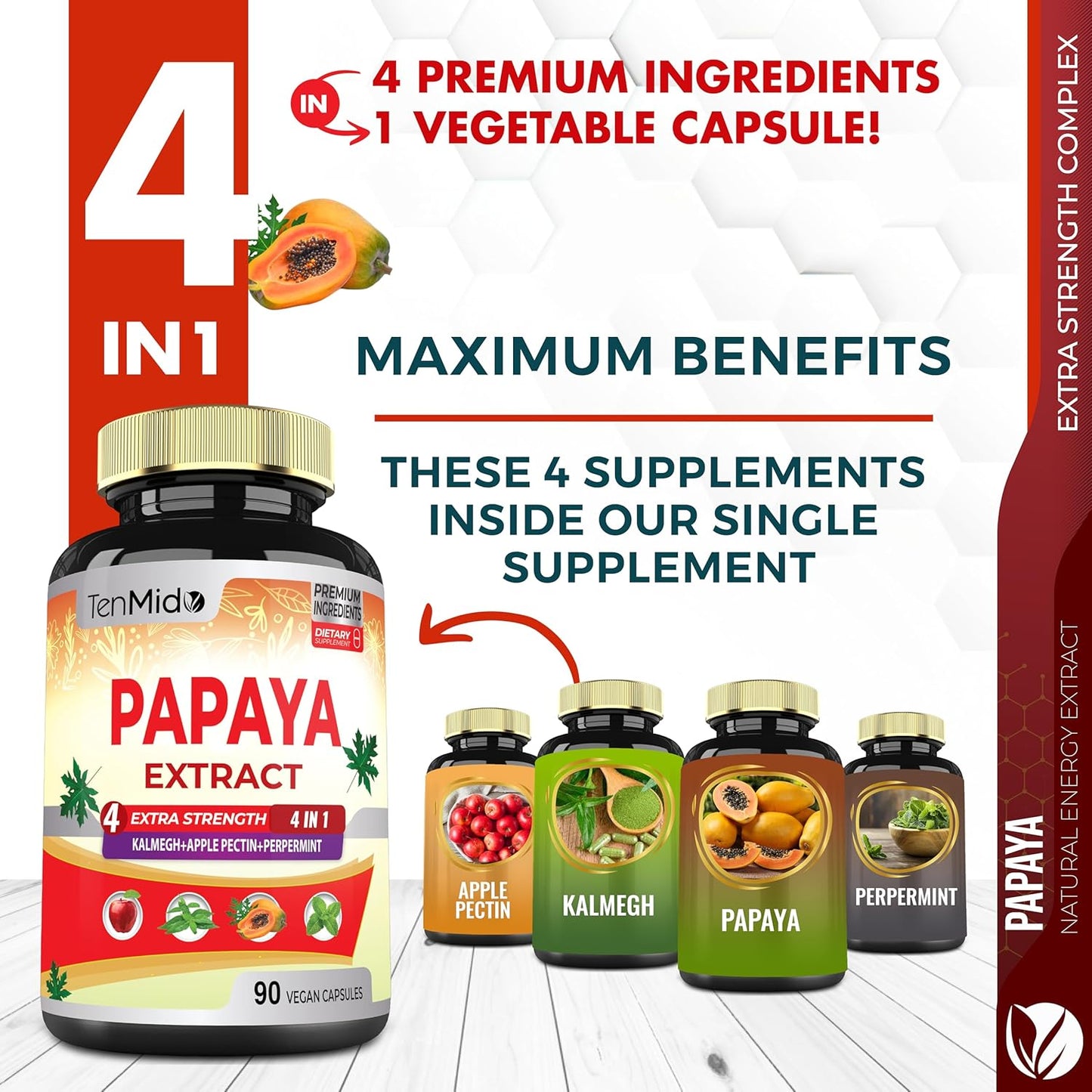 3 Month Supply Papaya Leaf Extract Capsules with Kalmegh, Apple Pectin, Peppermint - Enhanced Digestion - 90 Vegan Capsules