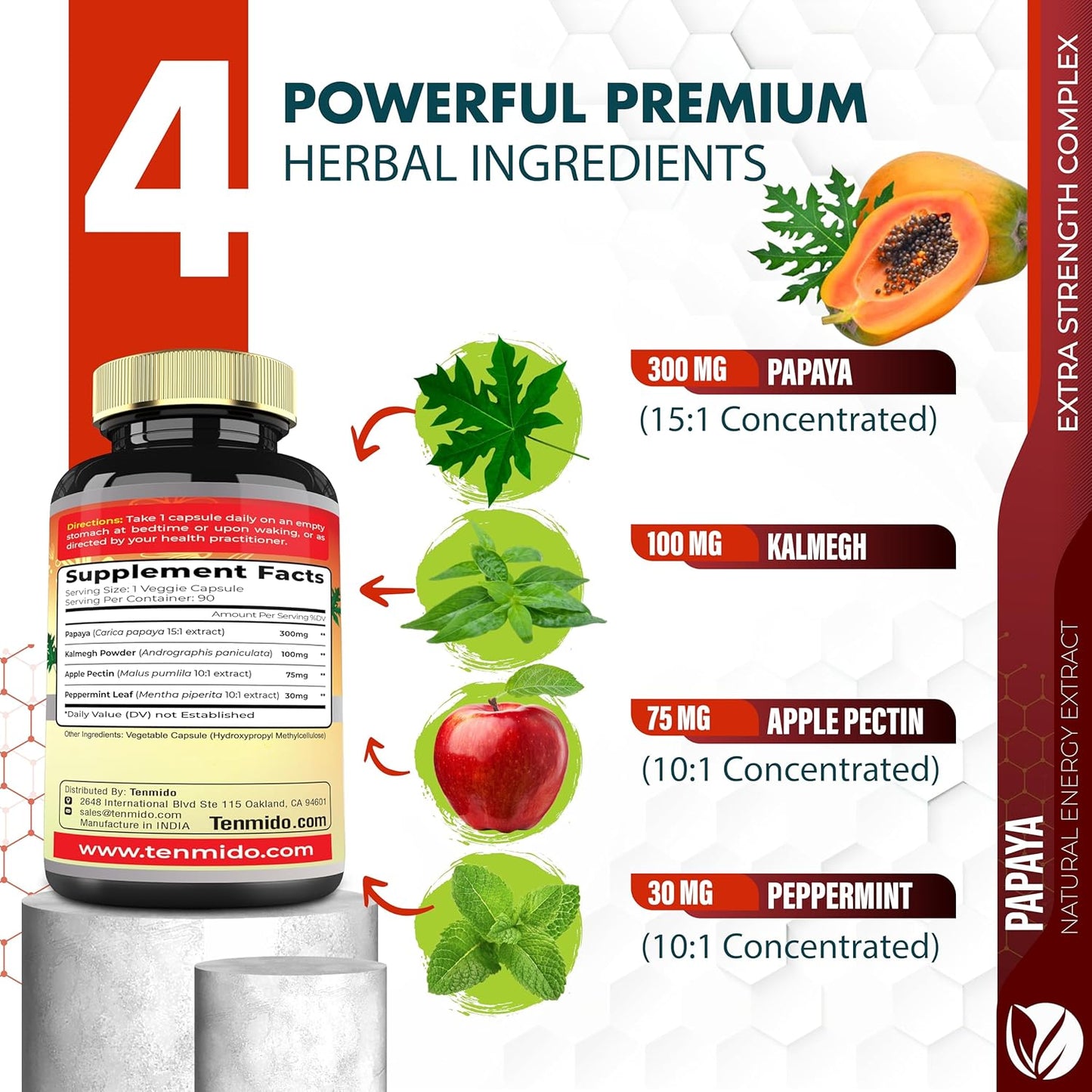 3 Month Supply Papaya Leaf Extract Capsules with Kalmegh, Apple Pectin, Peppermint - Enhanced Digestion - 90 Vegan Capsules