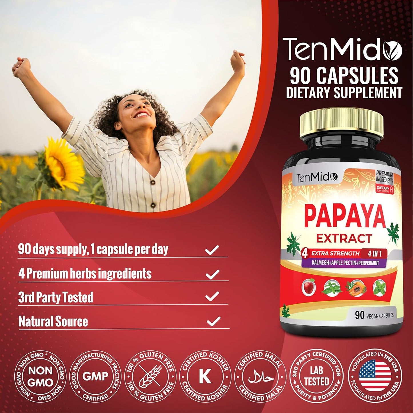 3 Month Supply Papaya Leaf Extract Capsules with Kalmegh, Apple Pectin, Peppermint - Enhanced Digestion - 90 Vegan Capsules