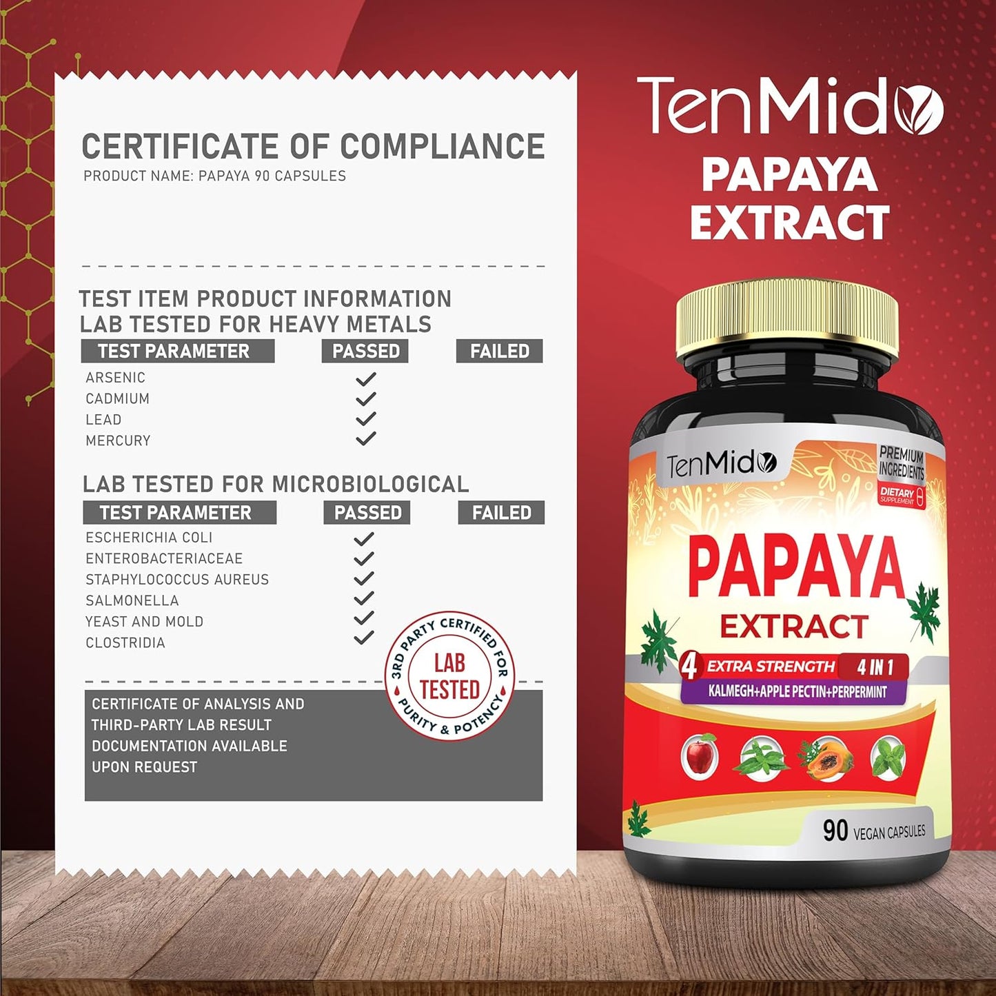 3 Month Supply Papaya Leaf Extract Capsules with Kalmegh, Apple Pectin, Peppermint - Enhanced Digestion - 90 Vegan Capsules