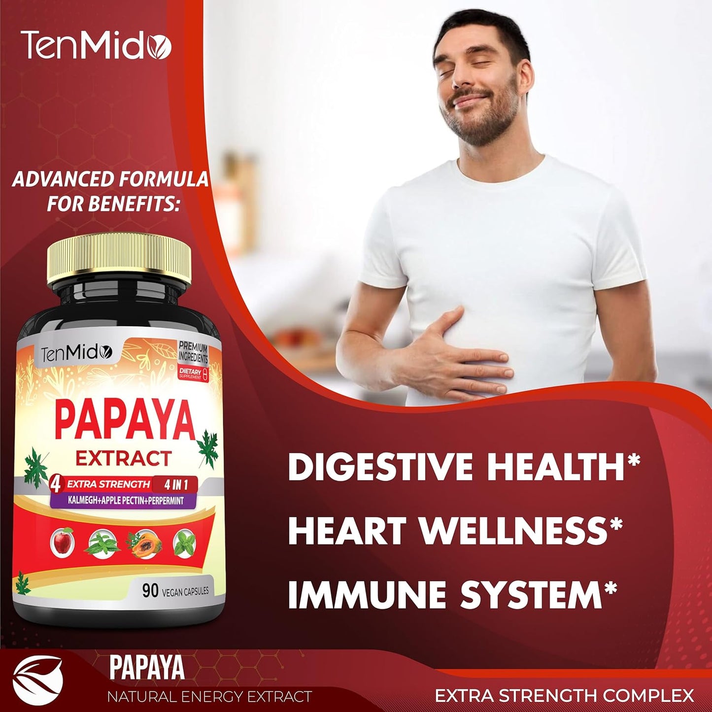 3 Month Supply Papaya Leaf Extract Capsules with Kalmegh, Apple Pectin, Peppermint - Enhanced Digestion - 90 Vegan Capsules