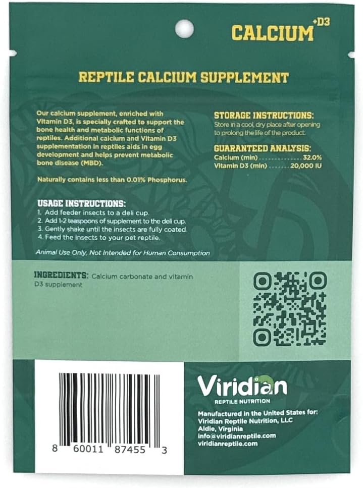 3 oz Viridian Reptile Calcium Supplement with D3 for Reptile Nutrition