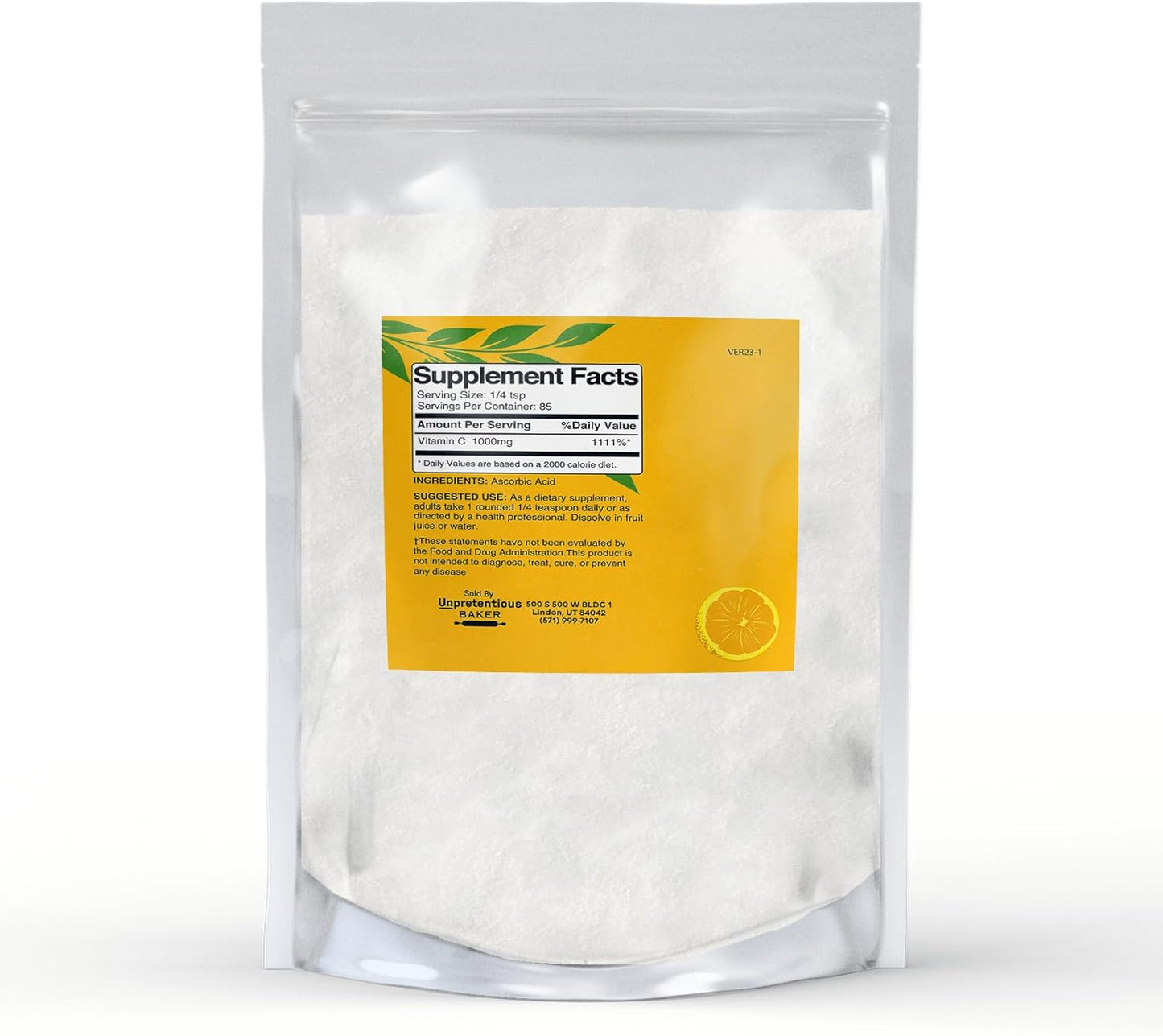 3 oz Vitamin C Powder Baker with Ascorbic Acid in a Resealable Bag - Unpretentious Formula