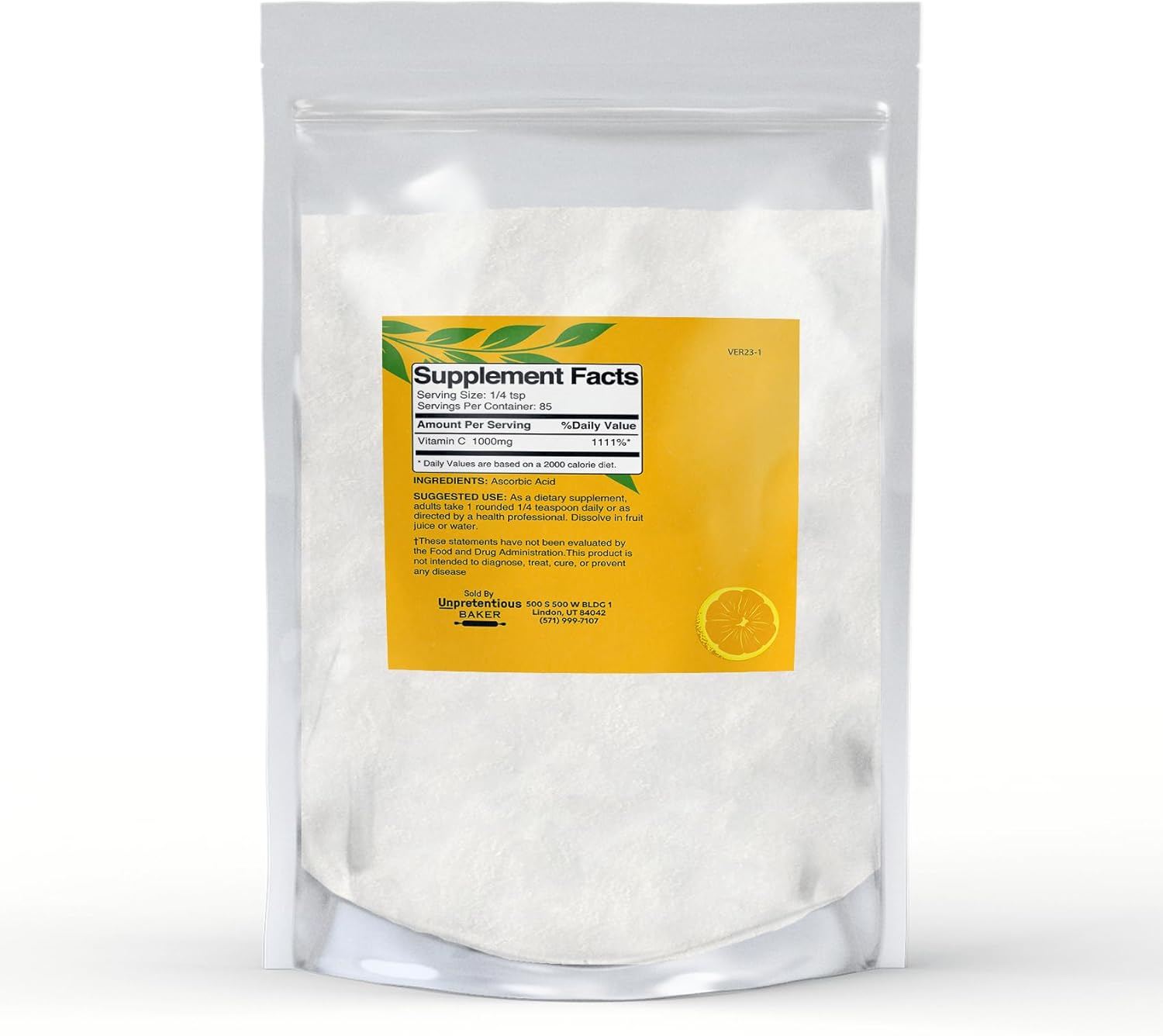 3 oz Vitamin C Powder Baker with Ascorbic Acid in a Resealable Bag - Unpretentious Formula