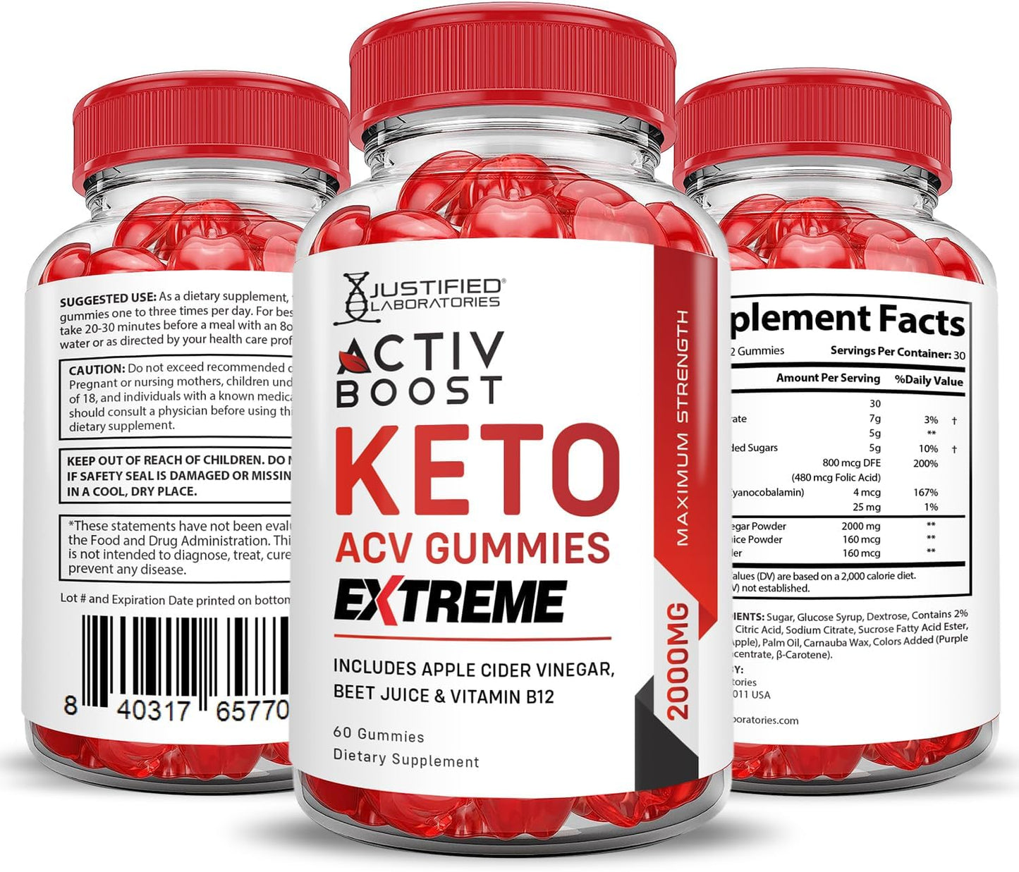 3 Pack Activboost Keto ACV Gummies Extreme 2000MG - Apple Cider Vinegar & Pomegranate Beet Juice Powder - Vegan & Non GMO - 180 Gummies