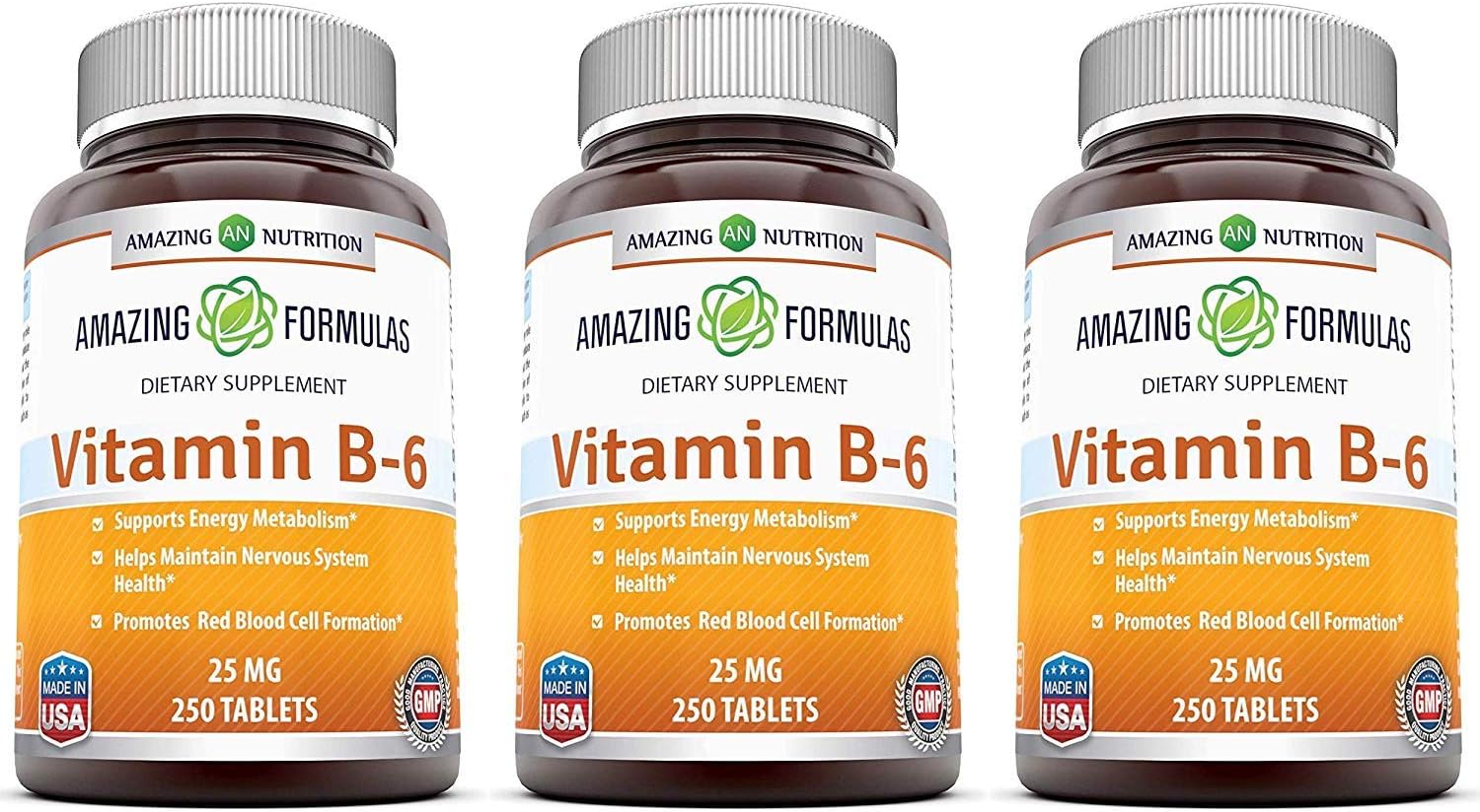 3 Pack Amazing Formulas Vitamin B6 Pyridoxine 25mg 250 Tablets Supplement - Non-GMO, Gluten Free, Made in USA