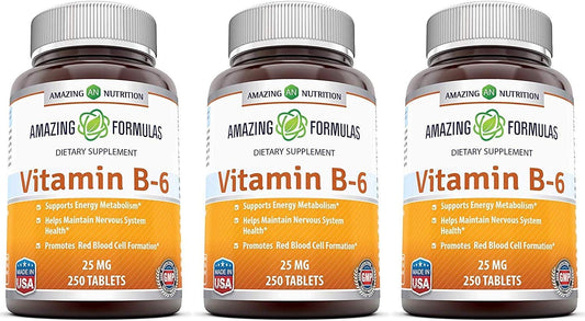 3 Pack Amazing Formulas Vitamin B6 Pyridoxine 25mg 250 Tablets Supplement - Non-GMO, Gluten Free, Made in USA