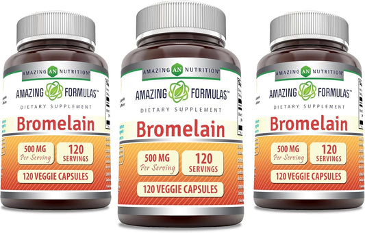 3 Pack Amazing Nutrition Amazing Formulas Bromelain Supplement 500mg 2400 GDU 120 Veggie Caps Non-GMO Gluten Free USA Made