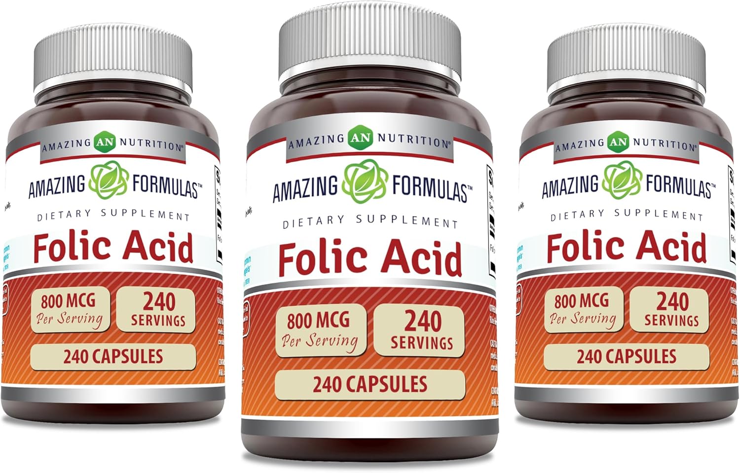 3-Pack Amazing Nutrition Amazing Formulas Folic Acid 800 Mcg Vitamin B9 Supplement - 240 Capsules, Non-GMO, Gluten Free, Made in USA