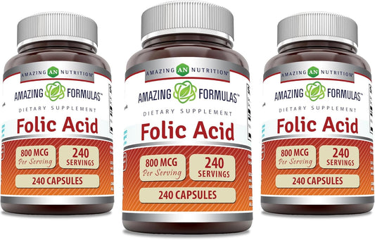 3-Pack Amazing Nutrition Amazing Formulas Folic Acid 800 Mcg Vitamin B9 Supplement - 240 Capsules, Non-GMO, Gluten Free, Made in USA
