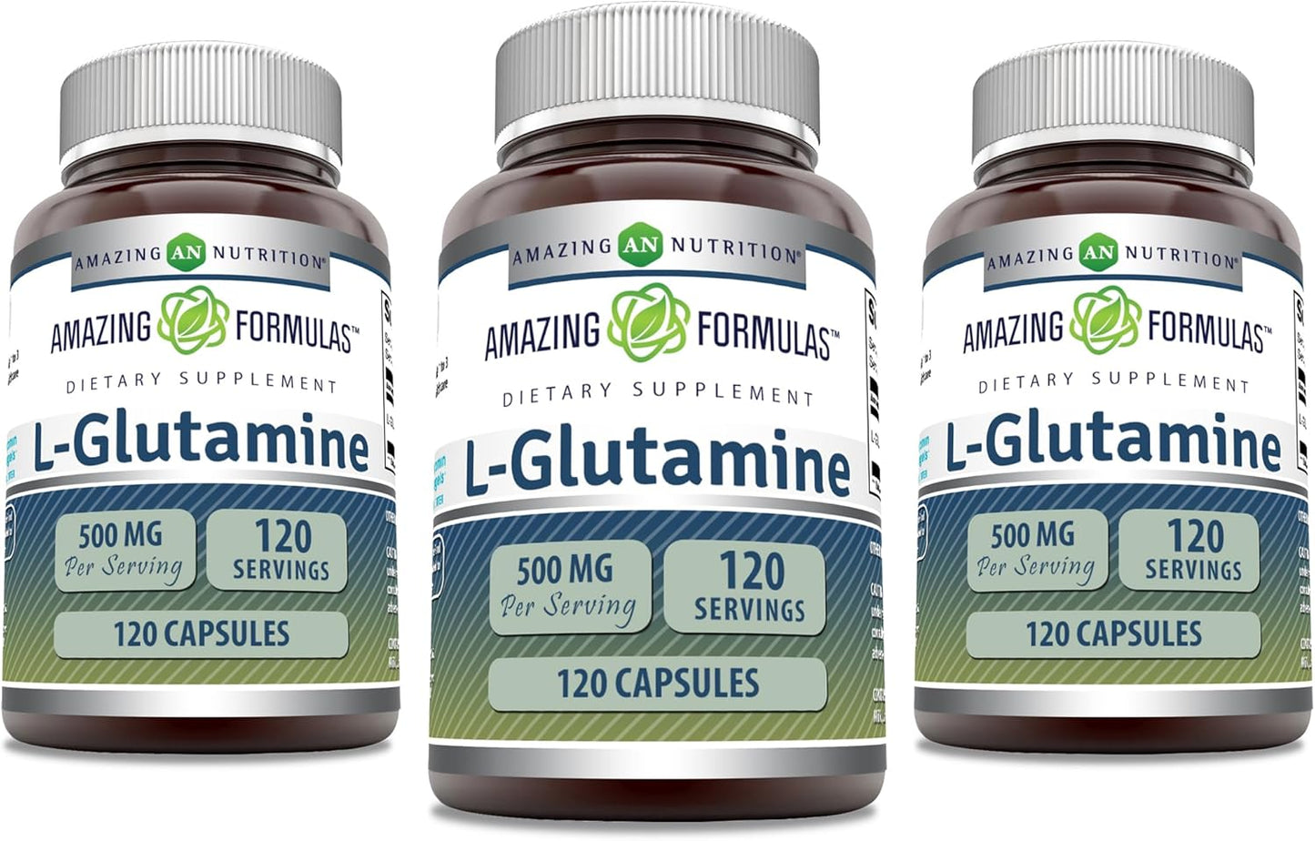 3 Pack Amazing Nutrition Amazing Formulas L-Glutamine 500 mg Capsules - Amino Acid Supplement - Non-GMO - Gluten Free - Made in USA - 360 Count