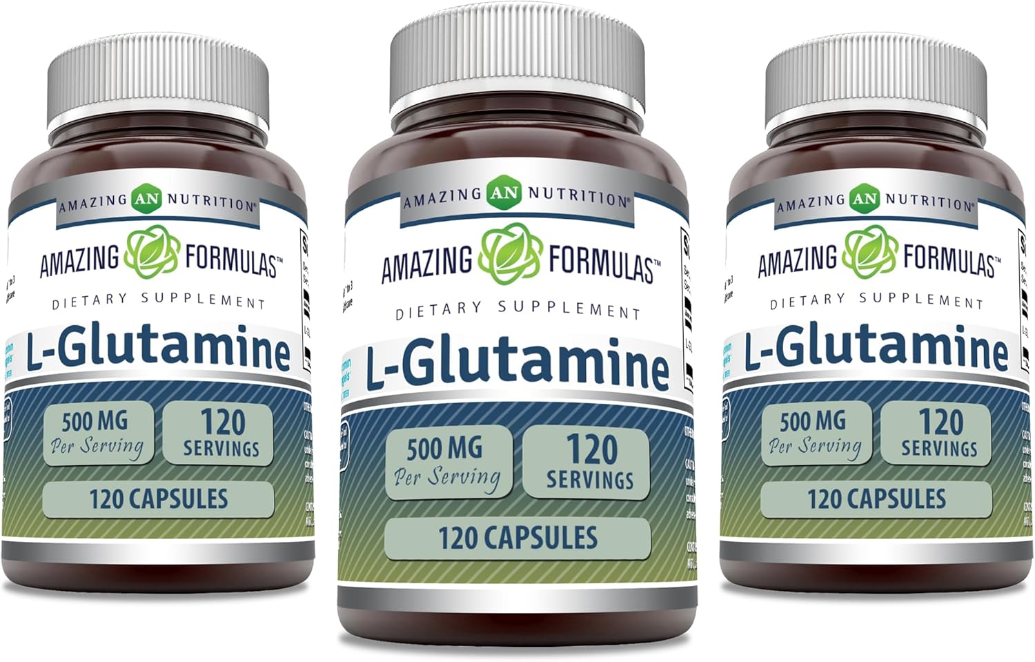 3 Pack Amazing Nutrition Amazing Formulas L-Glutamine 500 mg Capsules - Amino Acid Supplement - Non-GMO - Gluten Free - Made in USA - 360 Count