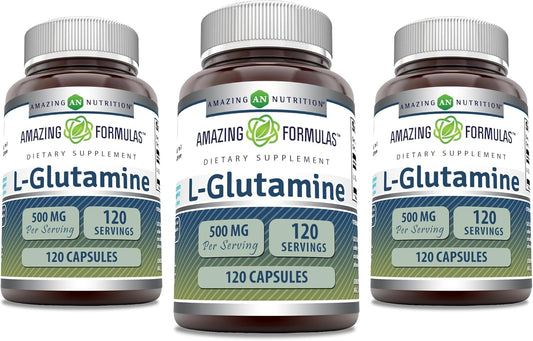 3 Pack Amazing Nutrition Amazing Formulas L-Glutamine 500 mg Capsules - Amino Acid Supplement - Non-GMO - Gluten Free - Made in USA - 360 Count