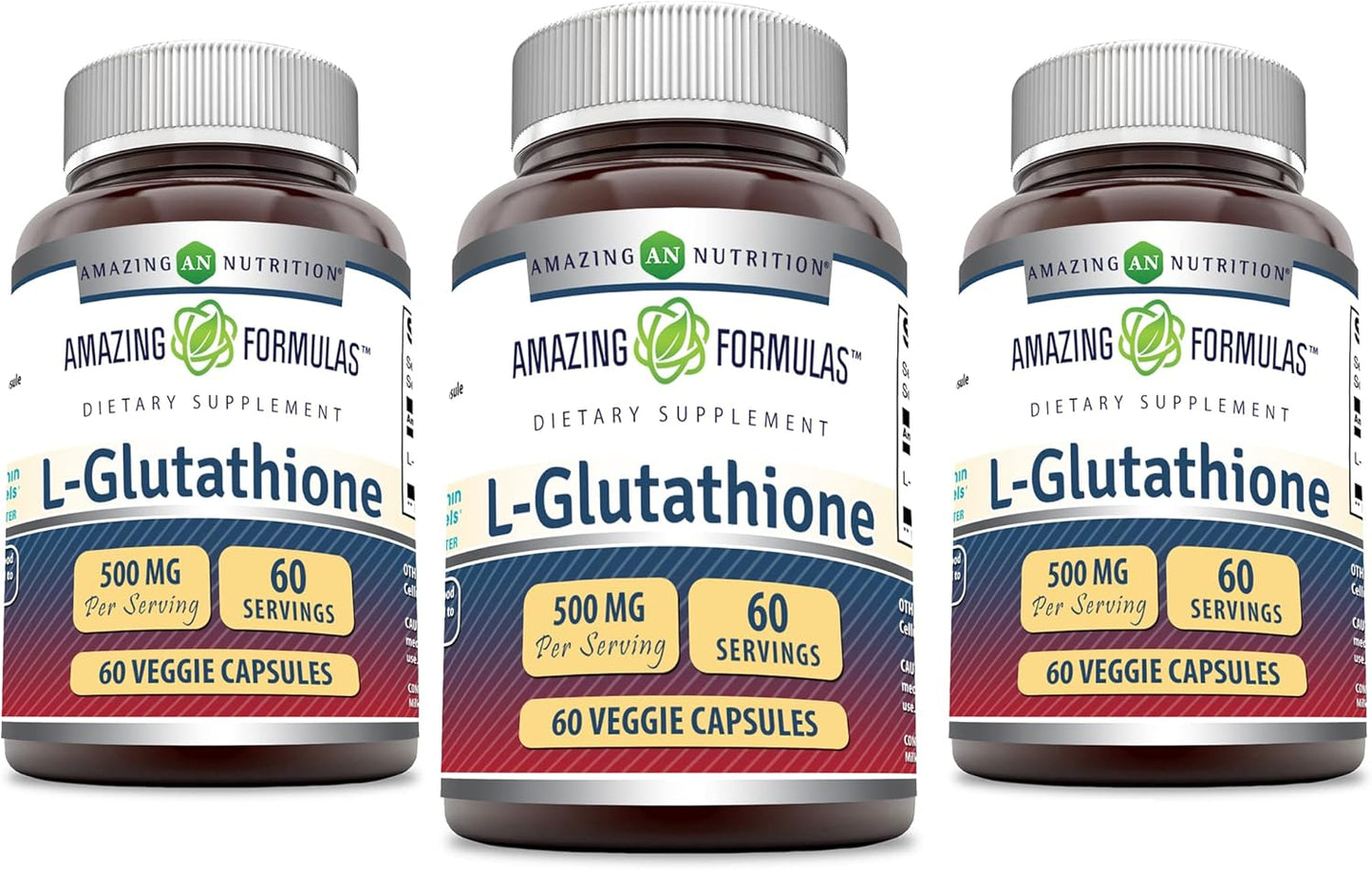 3-Pack Amazing Nutrition Amazing Formulas Reduced L-Glutathione Supplement - 500mg Per Serving - 60 Veggie Capsules - Non-GMO - Gluten Free - USA-Made