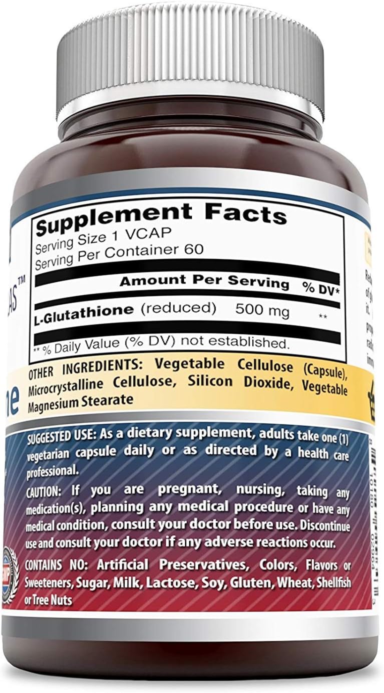 3-Pack Amazing Nutrition Amazing Formulas Reduced L-Glutathione Supplement - 500mg Per Serving - 60 Veggie Capsules - Non-GMO - Gluten Free - USA-Made