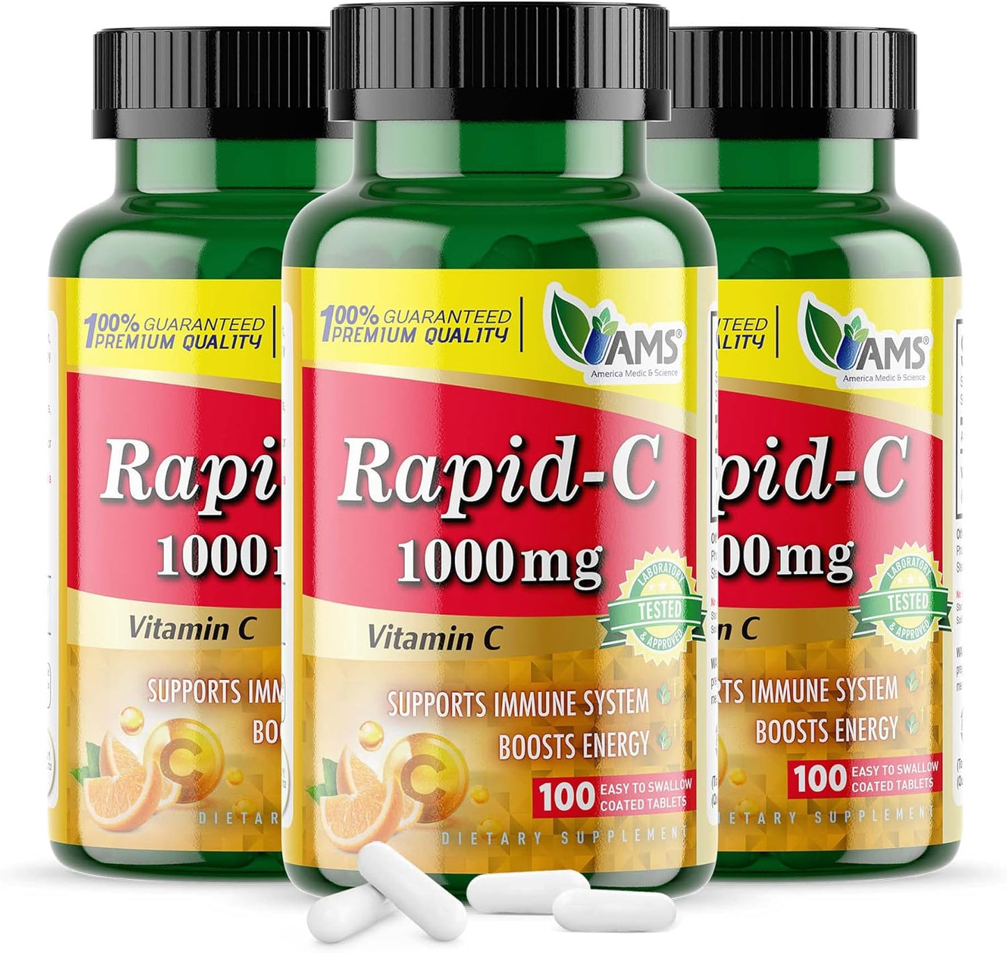 3 Pack America Medic & Science Rapid-C 1000mg Vitamin C Tablets | Energy Booster, Immune Support, Antioxidant | Vegan, Non-GMO Adult Supplement
