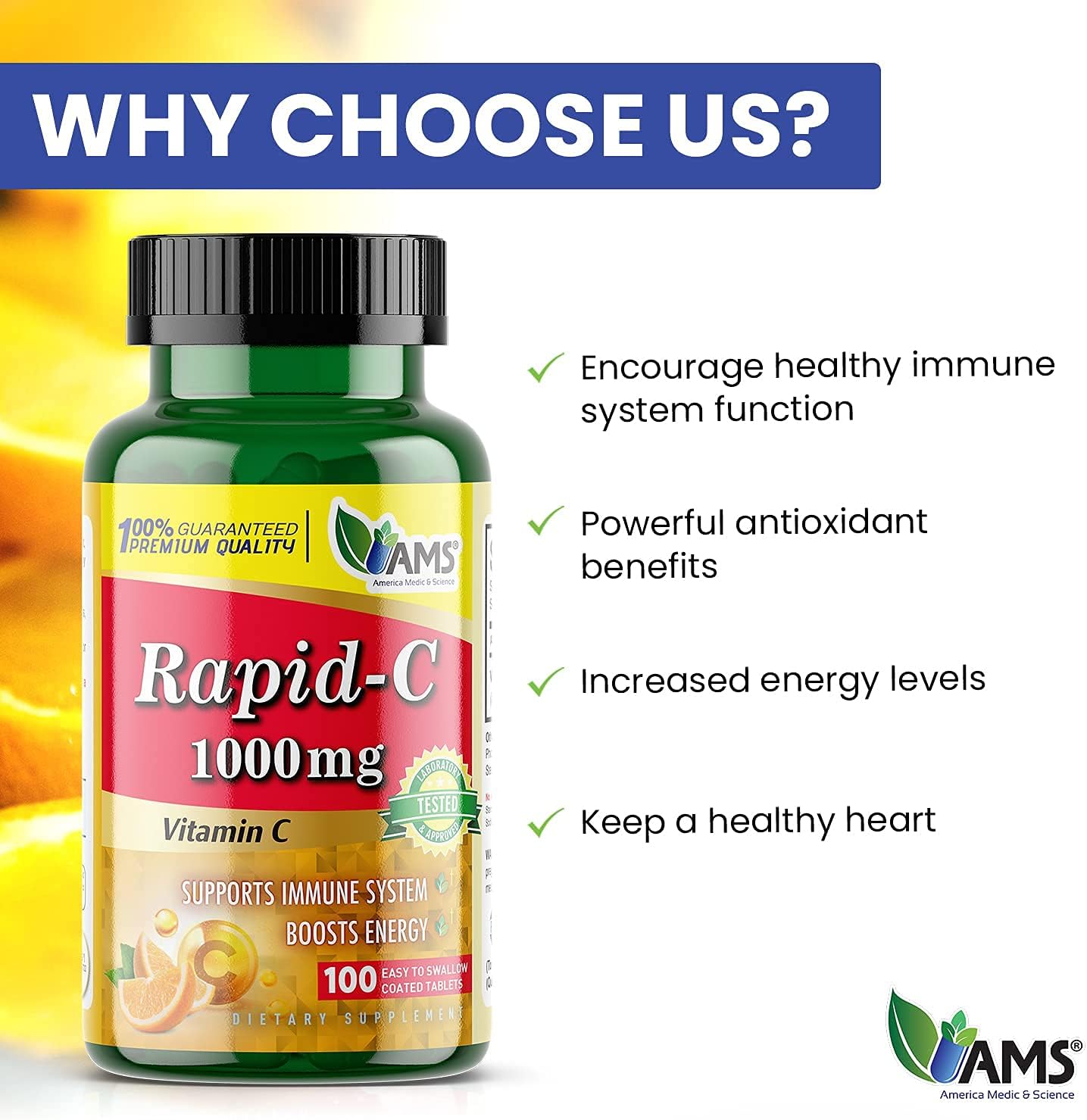 3 Pack America Medic & Science Rapid-C 1000mg Vitamin C Tablets | Energy Booster, Immune Support, Antioxidant | Vegan, Non-GMO Adult Supplement