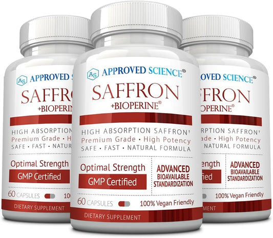 3-Pack Approved Science® Saffron Capsules with High-Absorption BioPerine - Vegan, 60 Capsules Each