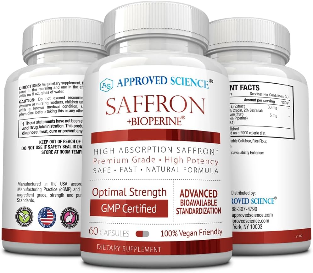 3-Pack Approved Science® Saffron Capsules with High-Absorption BioPerine - Vegan, 60 Capsules Each