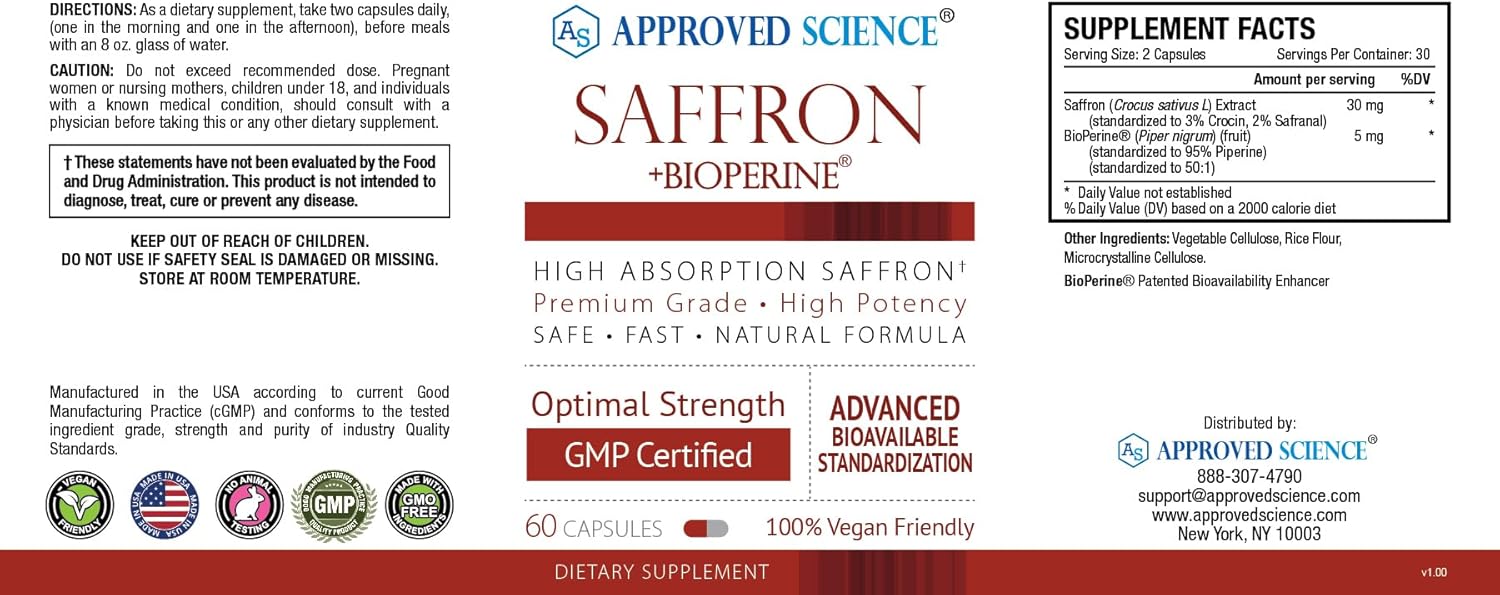 3-Pack Approved Science® Saffron Capsules with High-Absorption BioPerine - Vegan, 60 Capsules Each