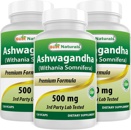 3 Pack Best Naturals Ashwagandha Capsules - 500mg, 120 Count per Bottle - Stress & Mood Support - Total 360 Capsules