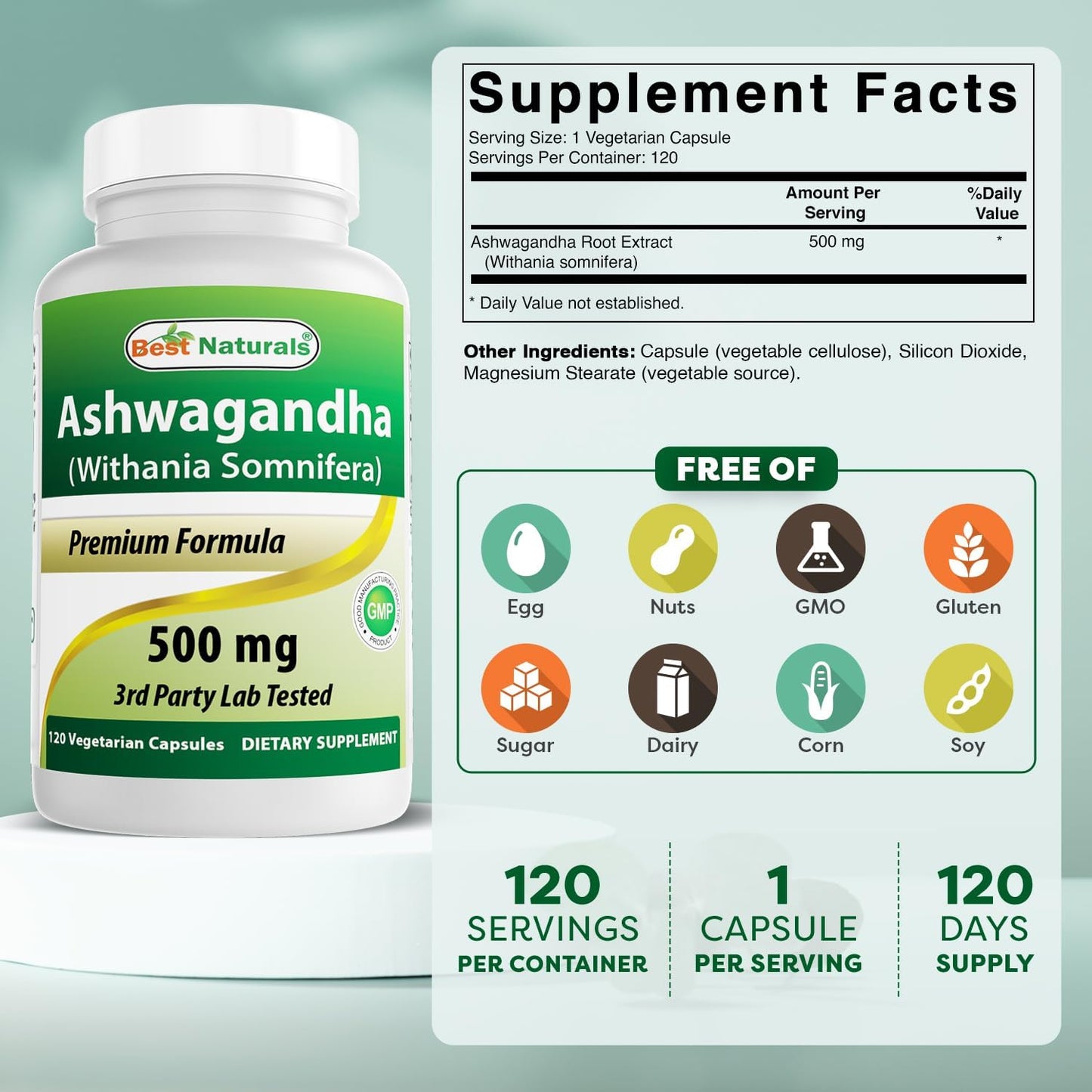 3 Pack Best Naturals Ashwagandha Capsules - 500mg, 120 Count per Bottle - Stress & Mood Support - Total 360 Capsules