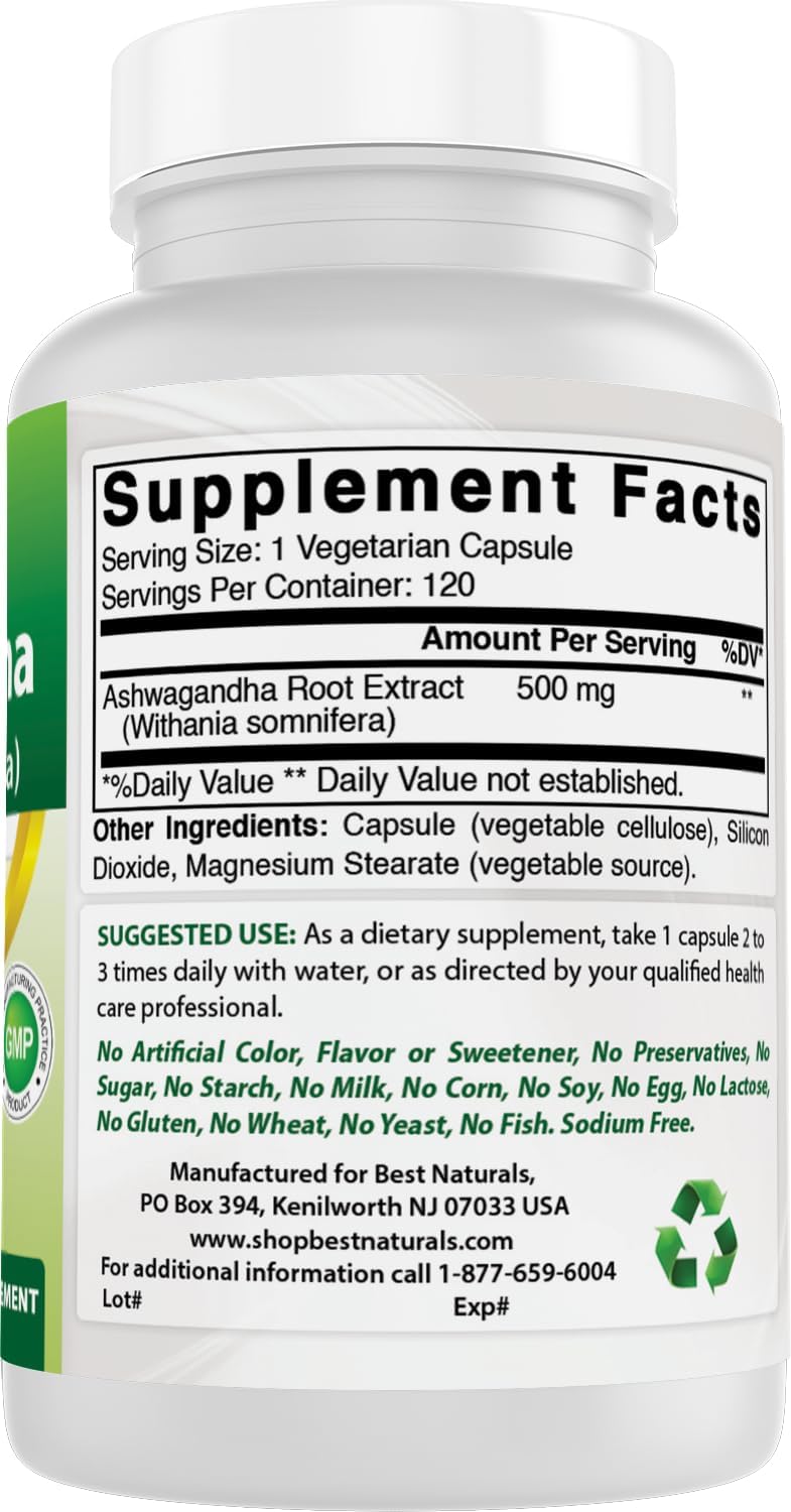 3 Pack Best Naturals Ashwagandha Capsules - 500mg, 120 Count per Bottle - Stress & Mood Support - Total 360 Capsules