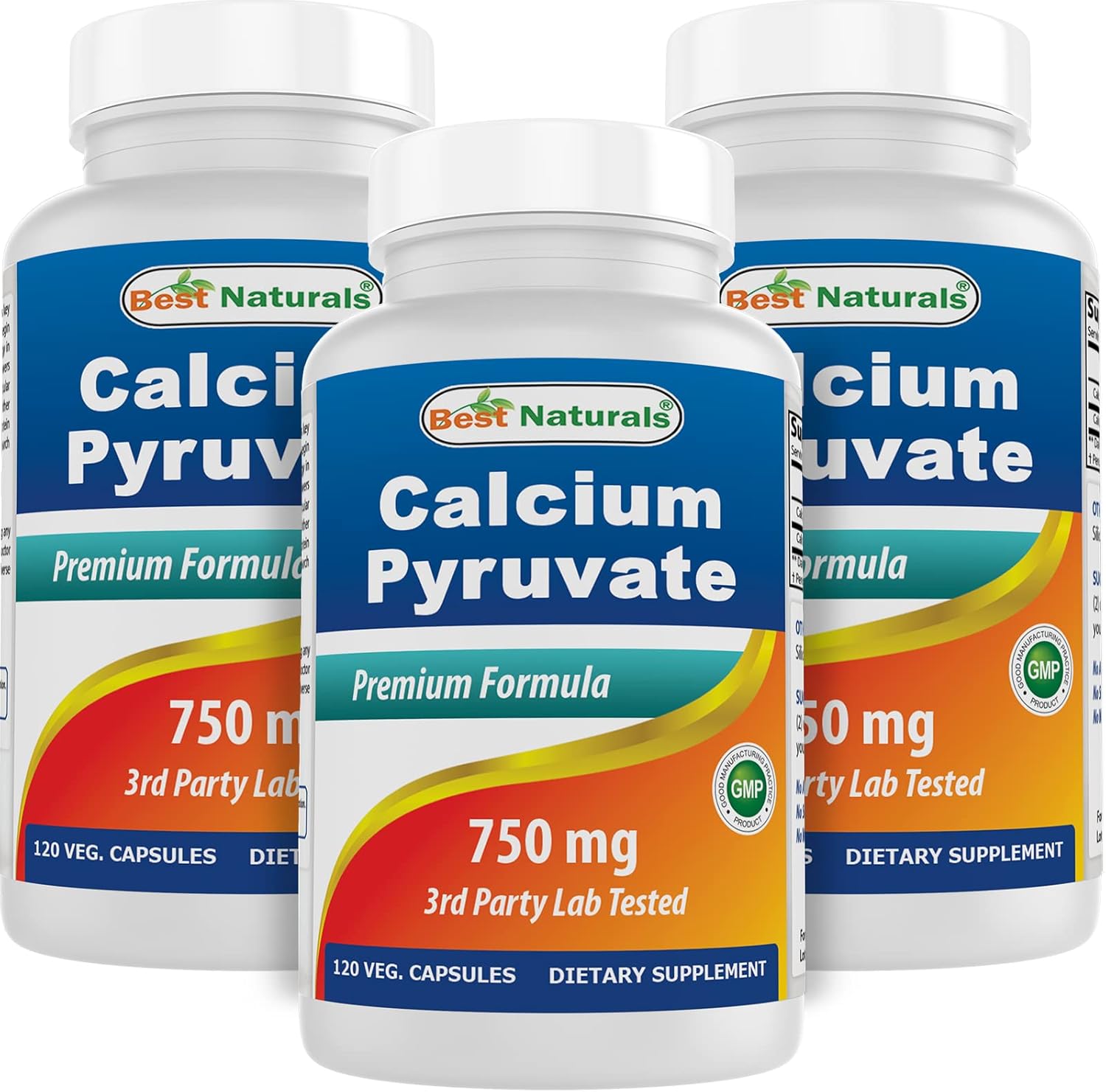 3-Pack Best Naturals Calcium Pyruvate 750mg - 120 Capsules per Bottle