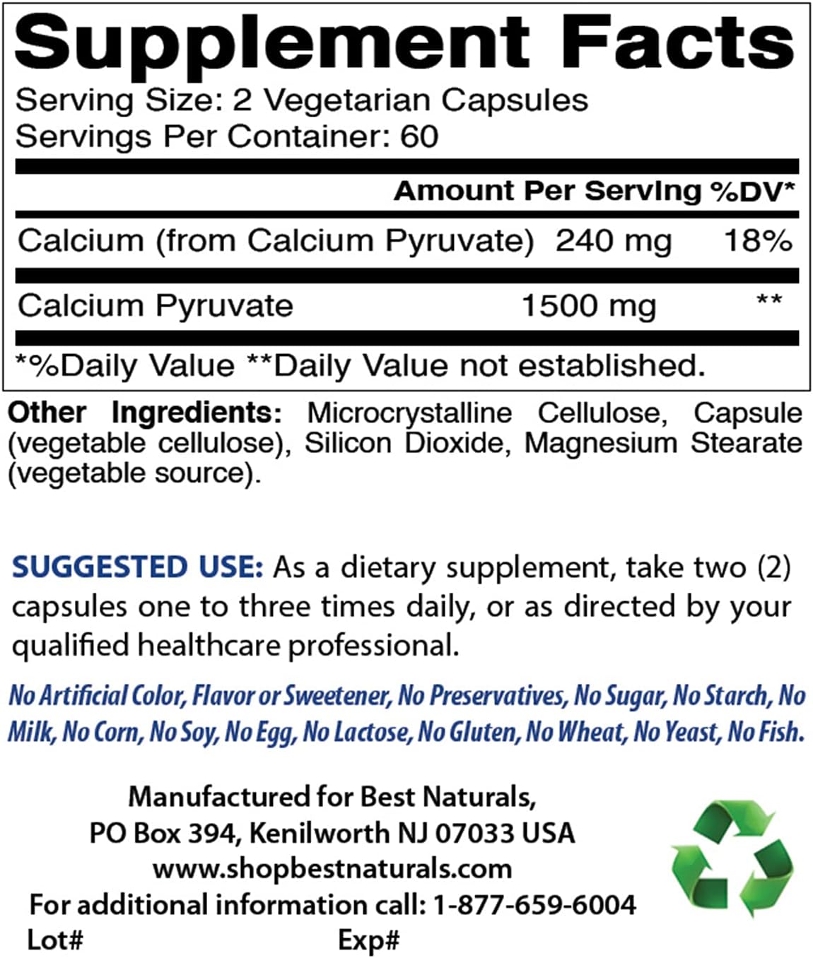 3-Pack Best Naturals Calcium Pyruvate 750mg - 120 Capsules per Bottle