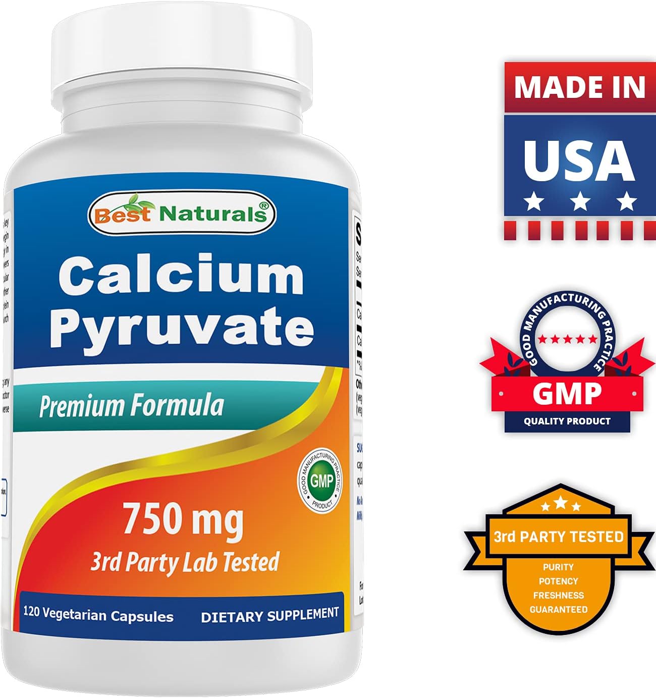 3-Pack Best Naturals Calcium Pyruvate 750mg - 120 Capsules per Bottle