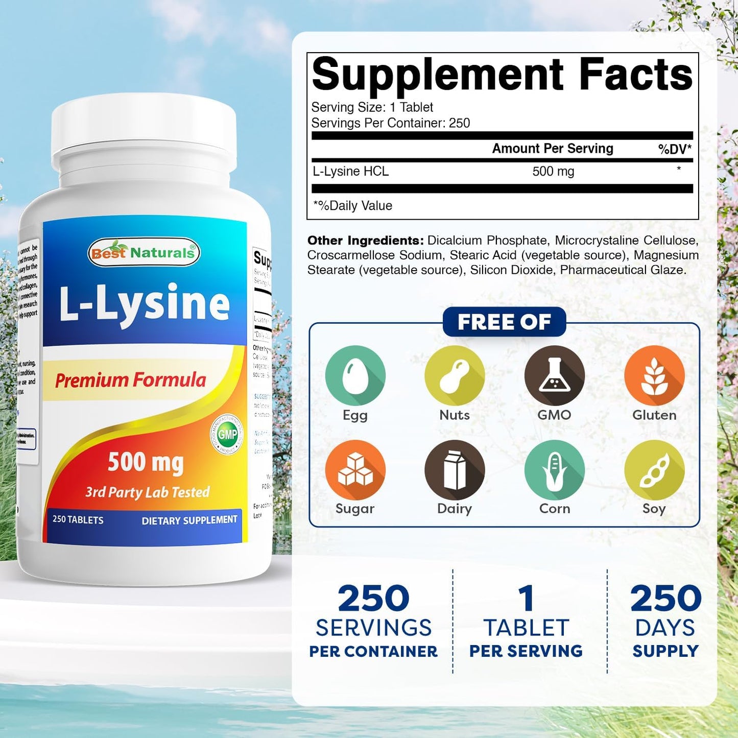 3-Pack Best Naturals L-Lysine 500mg 250 Tablets - Total 750 Tablets