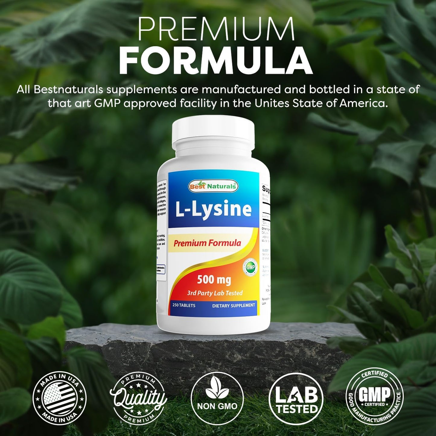 3-Pack Best Naturals L-Lysine 500mg 250 Tablets - Total 750 Tablets
