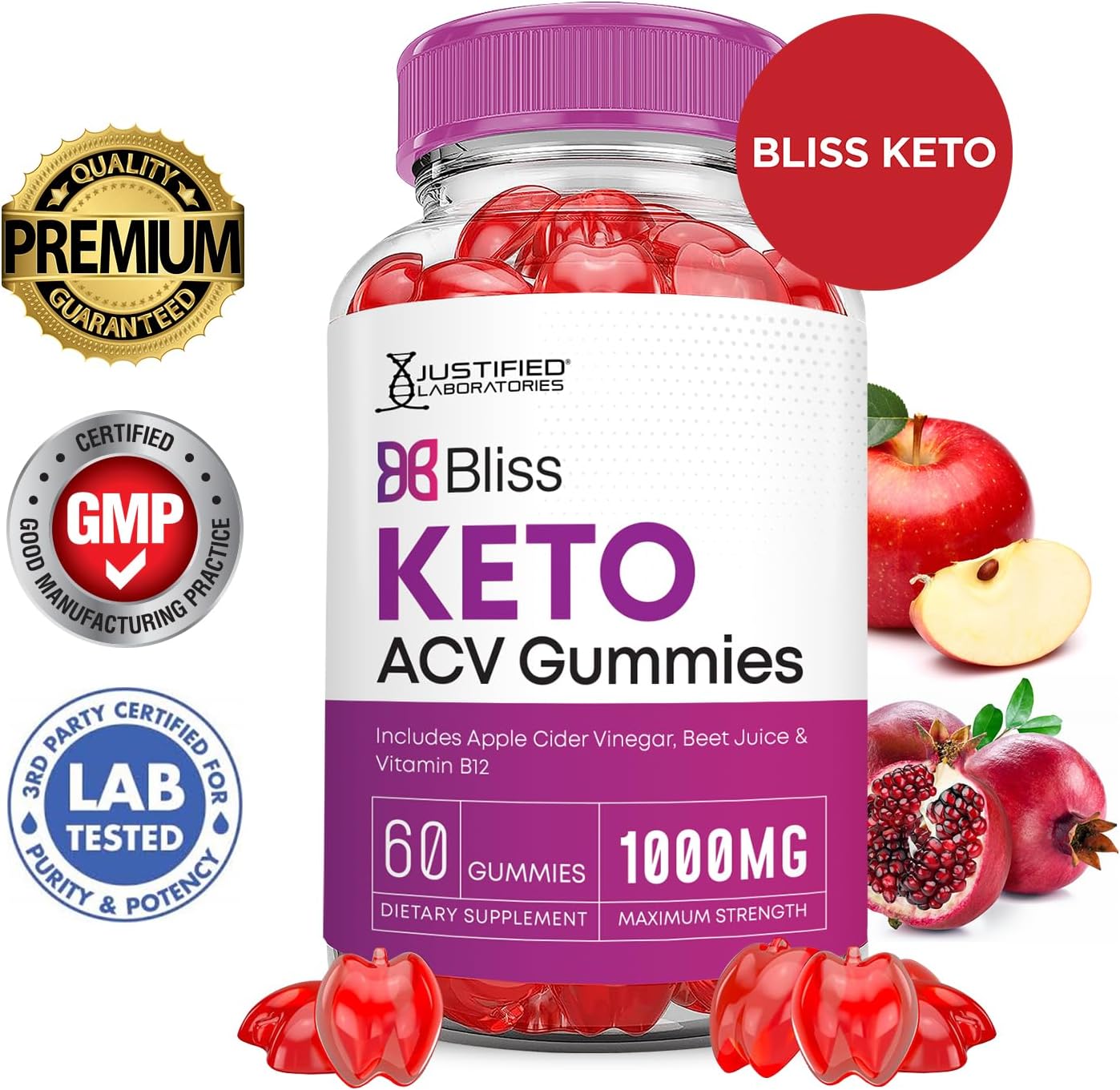 3 Pack Bliss Keto ACV Gummies 1000MG Advanced Formula with Pomegranate & Beet Juice - B12 Vegan Non GMO - 180 Gummies