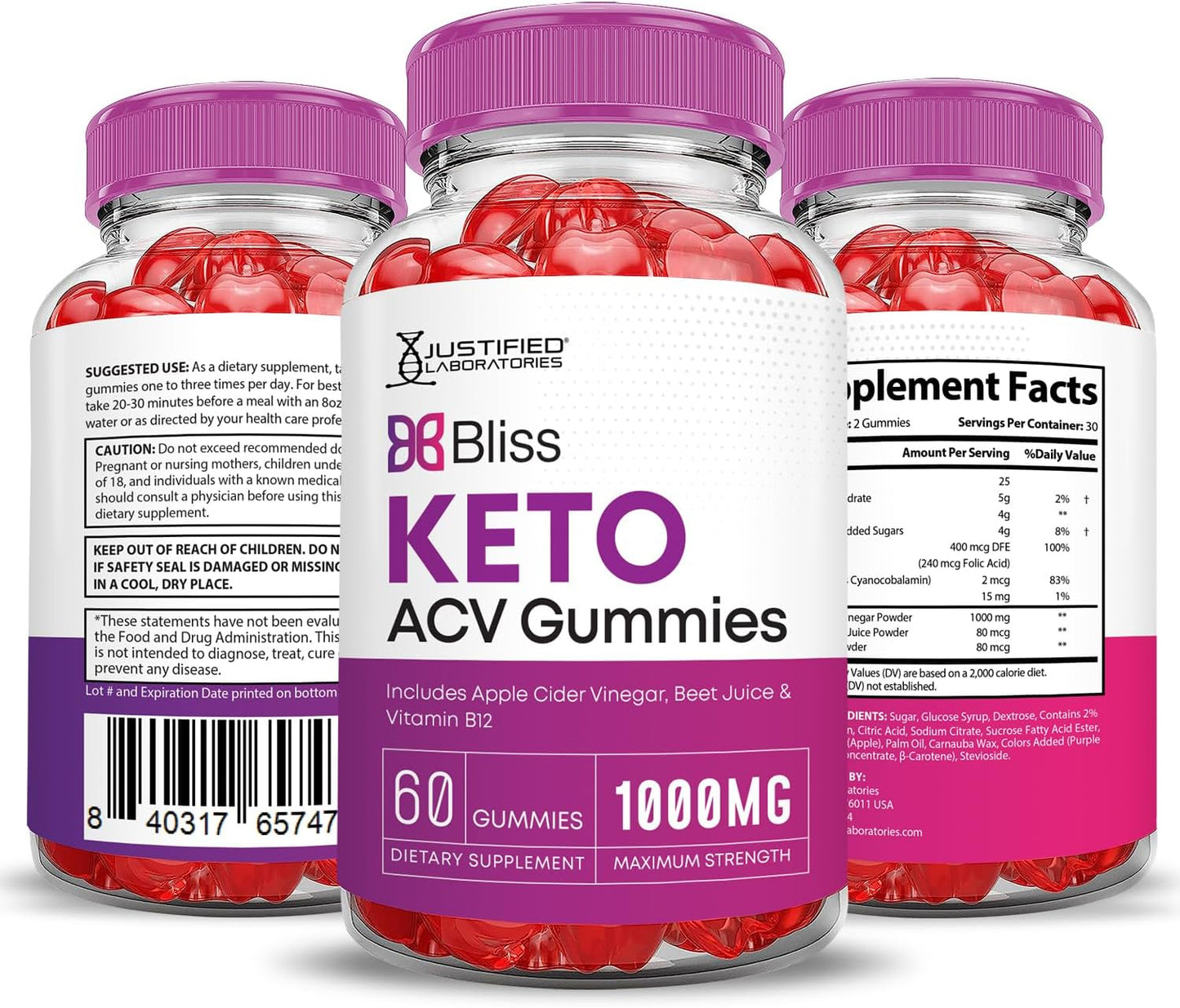 3 Pack Bliss Keto ACV Gummies 1000MG Advanced Formula with Pomegranate & Beet Juice - B12 Vegan Non GMO - 180 Gummies