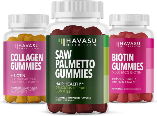 3-Pack Bundle of Havasu Nutrition Saw Palmetto, Biotin, and Collagen Gummies for Healthy Hair, Skin, and Nails - Delicious Gummies for Hair Health and Youthful Confidence