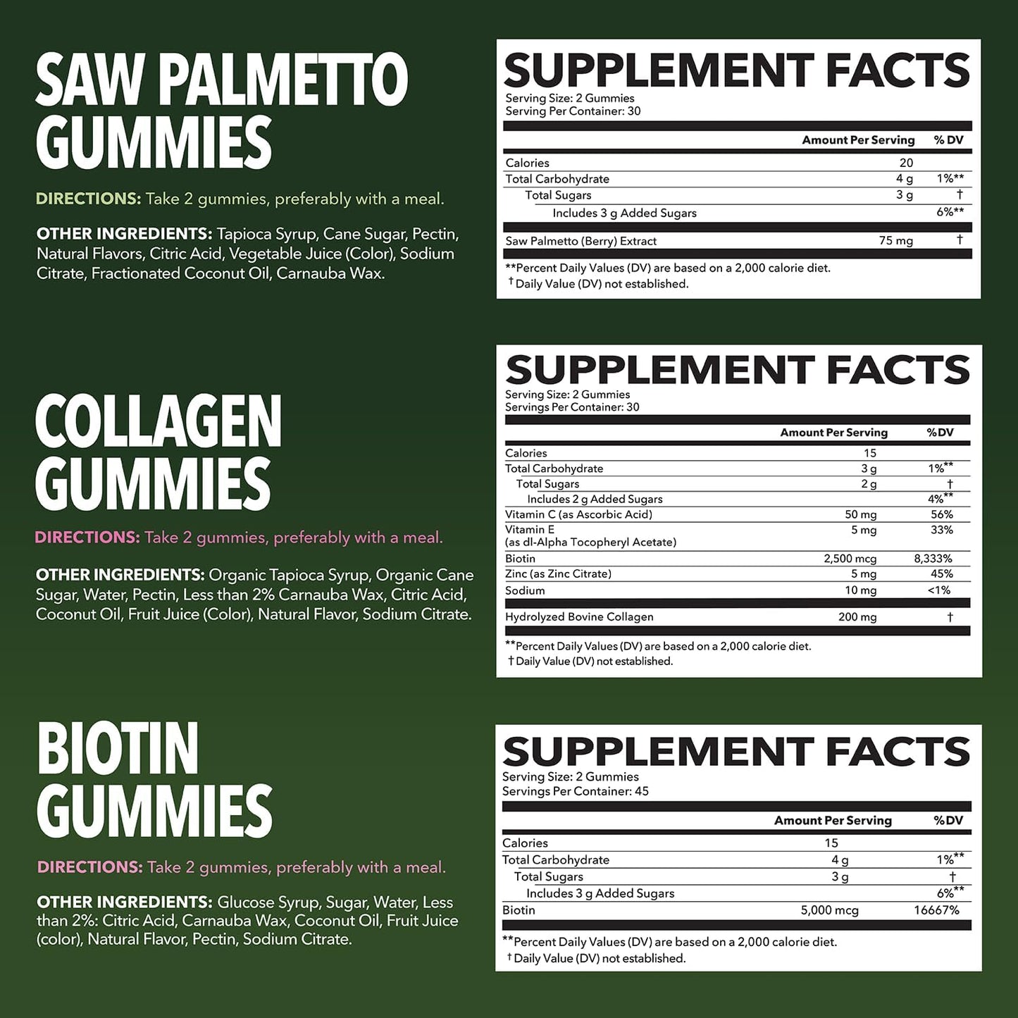 3-Pack Bundle of Havasu Nutrition Saw Palmetto, Biotin, and Collagen Gummies for Healthy Hair, Skin, and Nails - Delicious Gummies for Hair Health and Youthful Confidence