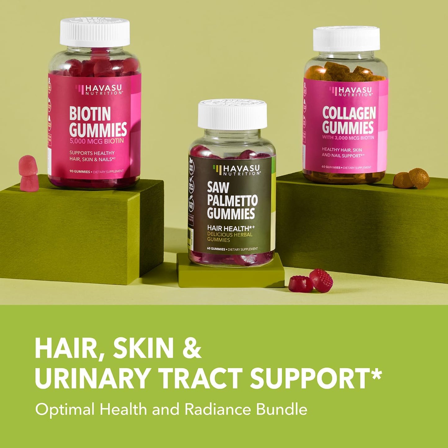 3-Pack Bundle of Havasu Nutrition Saw Palmetto, Biotin, and Collagen Gummies for Healthy Hair, Skin, and Nails - Delicious Gummies for Hair Health and Youthful Confidence