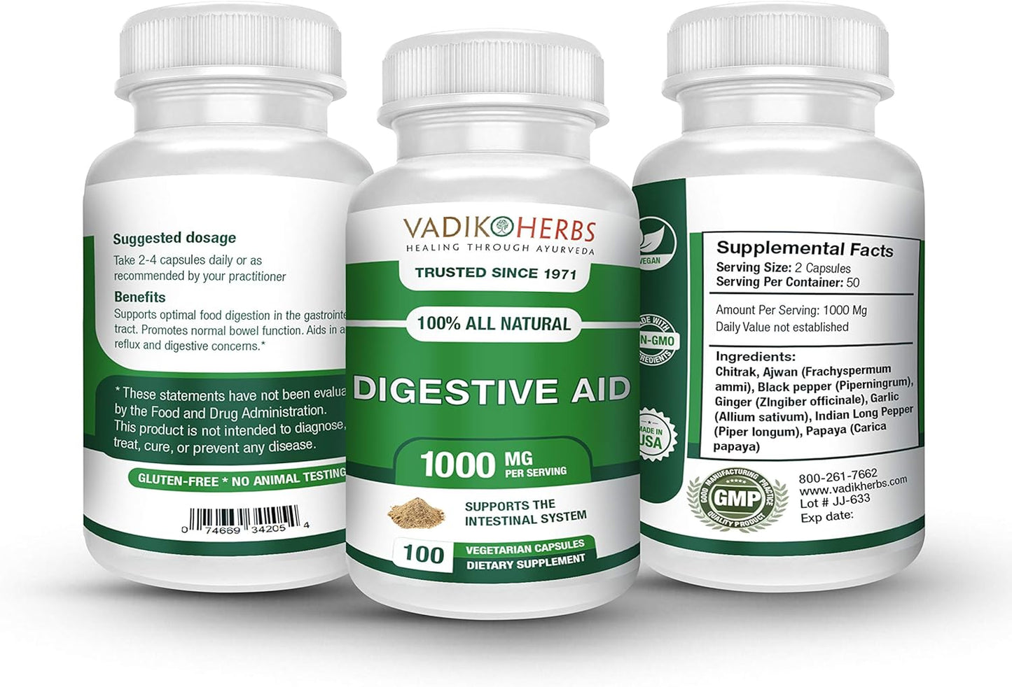 3-Pack Certified Organic Vadik Herbs Digestive Aid Supplement | Supports Intestinal Health & Normal Bowel Function